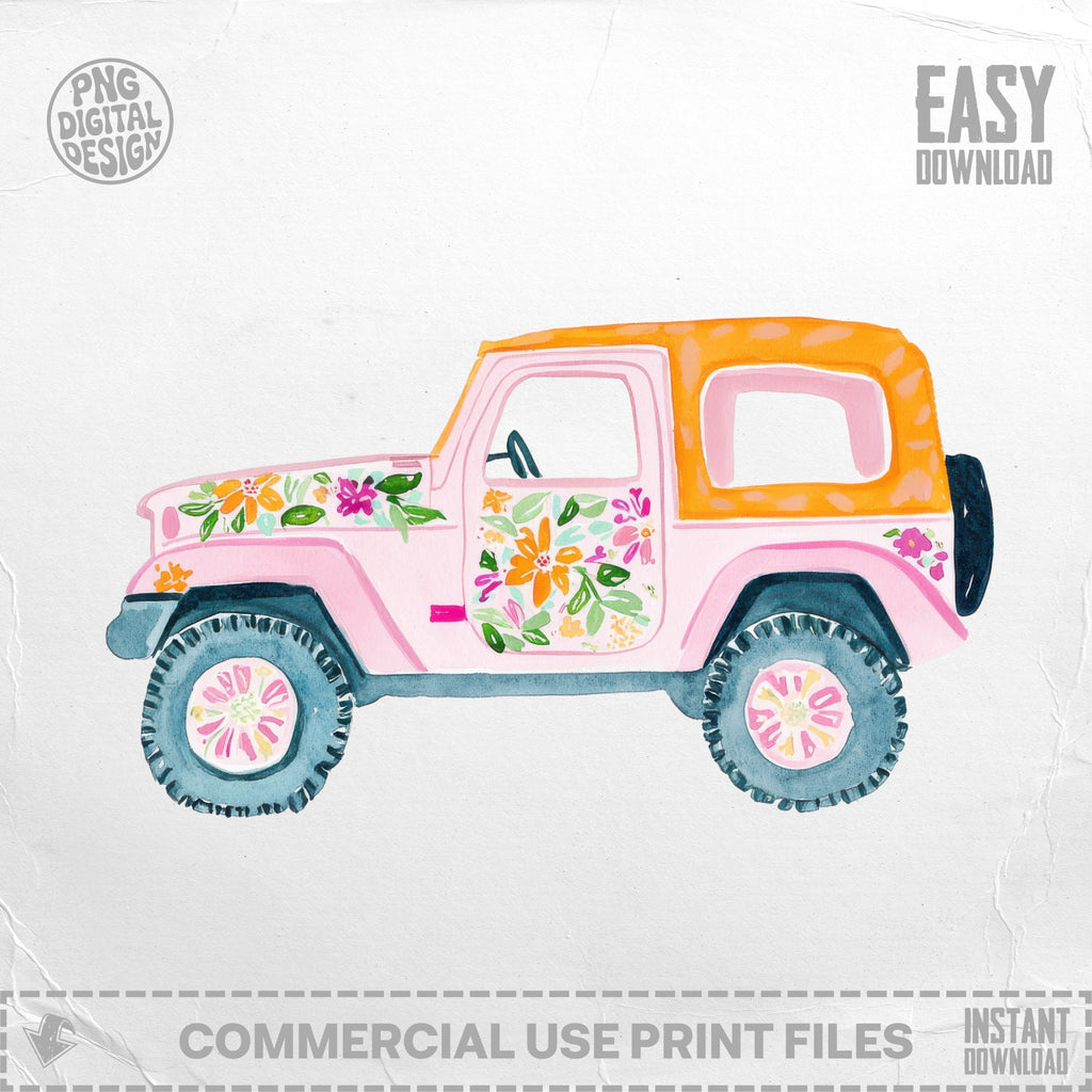 Pink watercolor jeep with floral accents and orange top.
