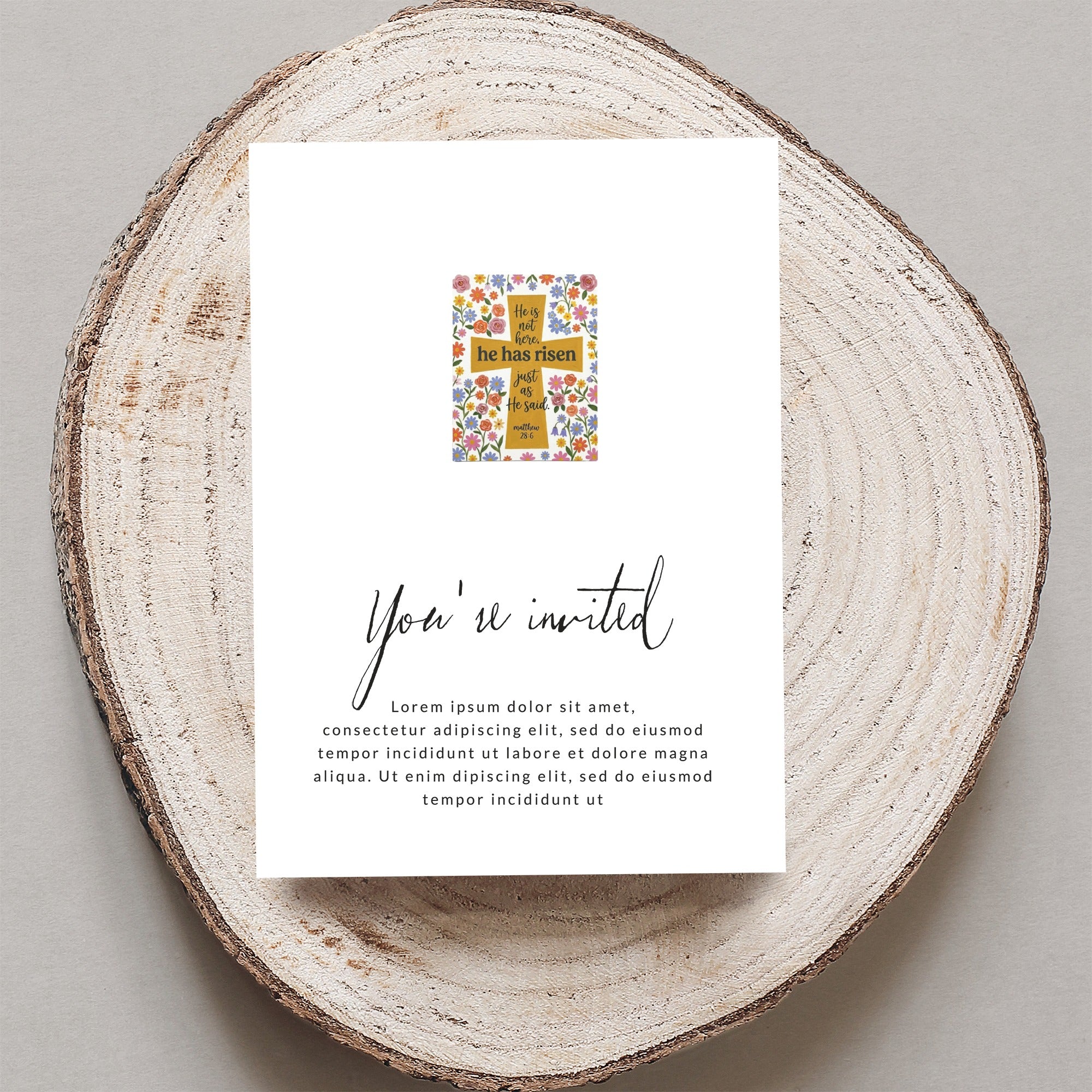 Floral top corner invitation with "You're invited" and placeholder text.