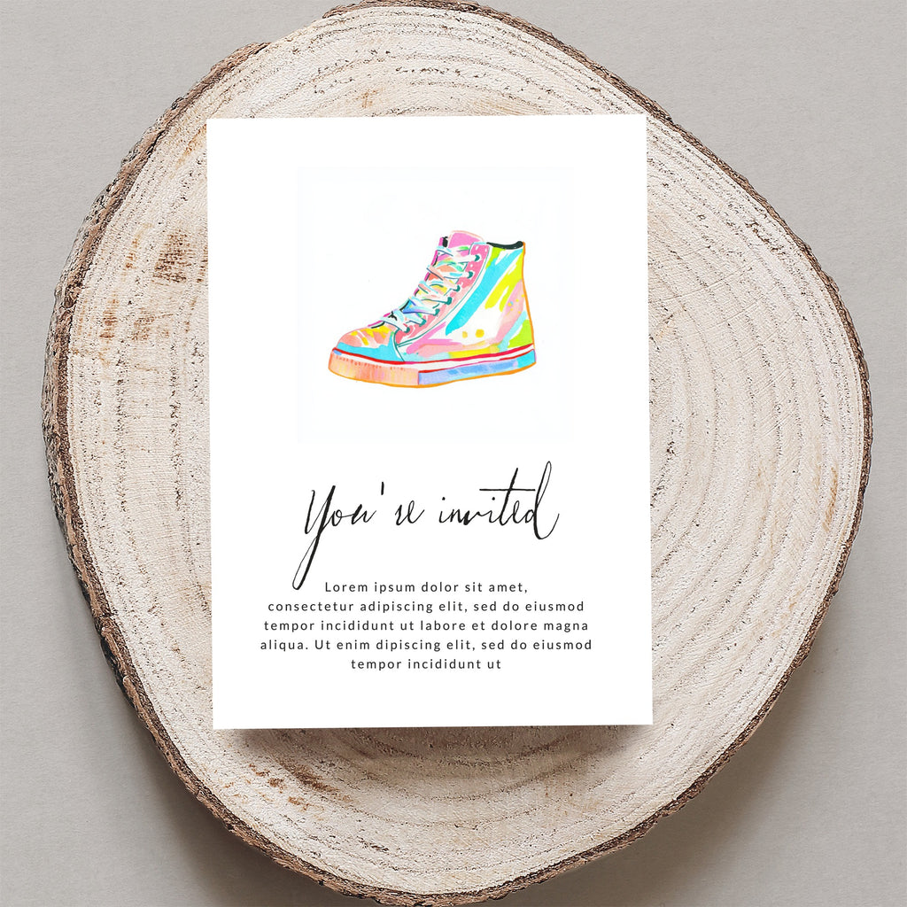 Colorful high-top sneaker on invitation with "You're invited" text.