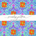 Seamless floral pattern with orange flowers on a blue and purple background.