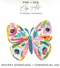 Colorful watercolor butterfly with "PNG + SVG" and "Instant Download" text.