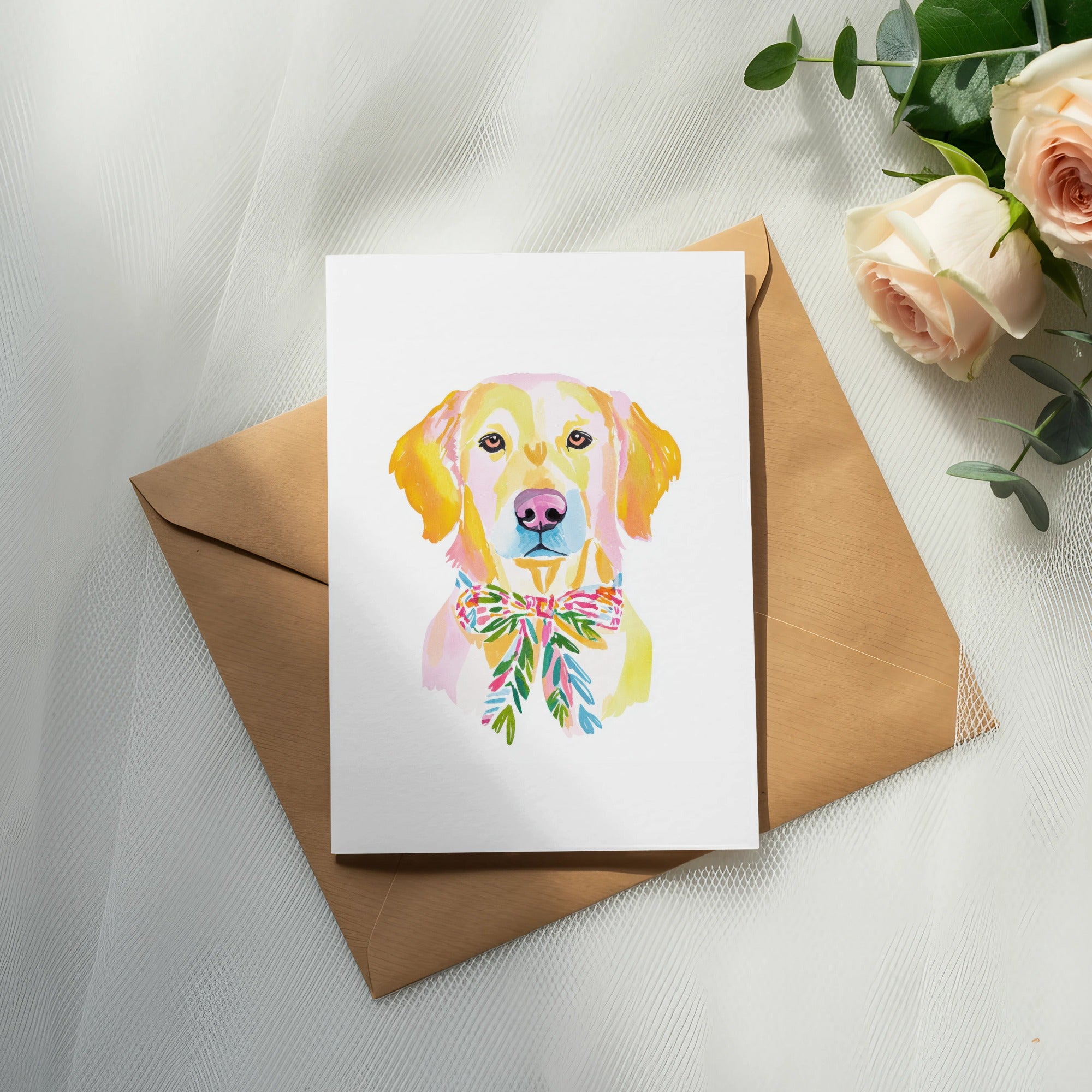 Watercolor painting of a golden retriever wearing a floral bowtie on a card.