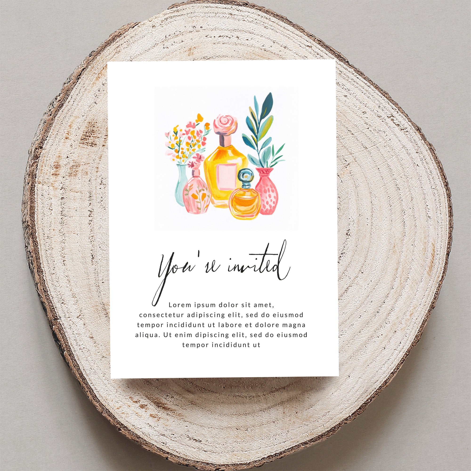 Invitation with "You're invited" and floral bottle illustration.