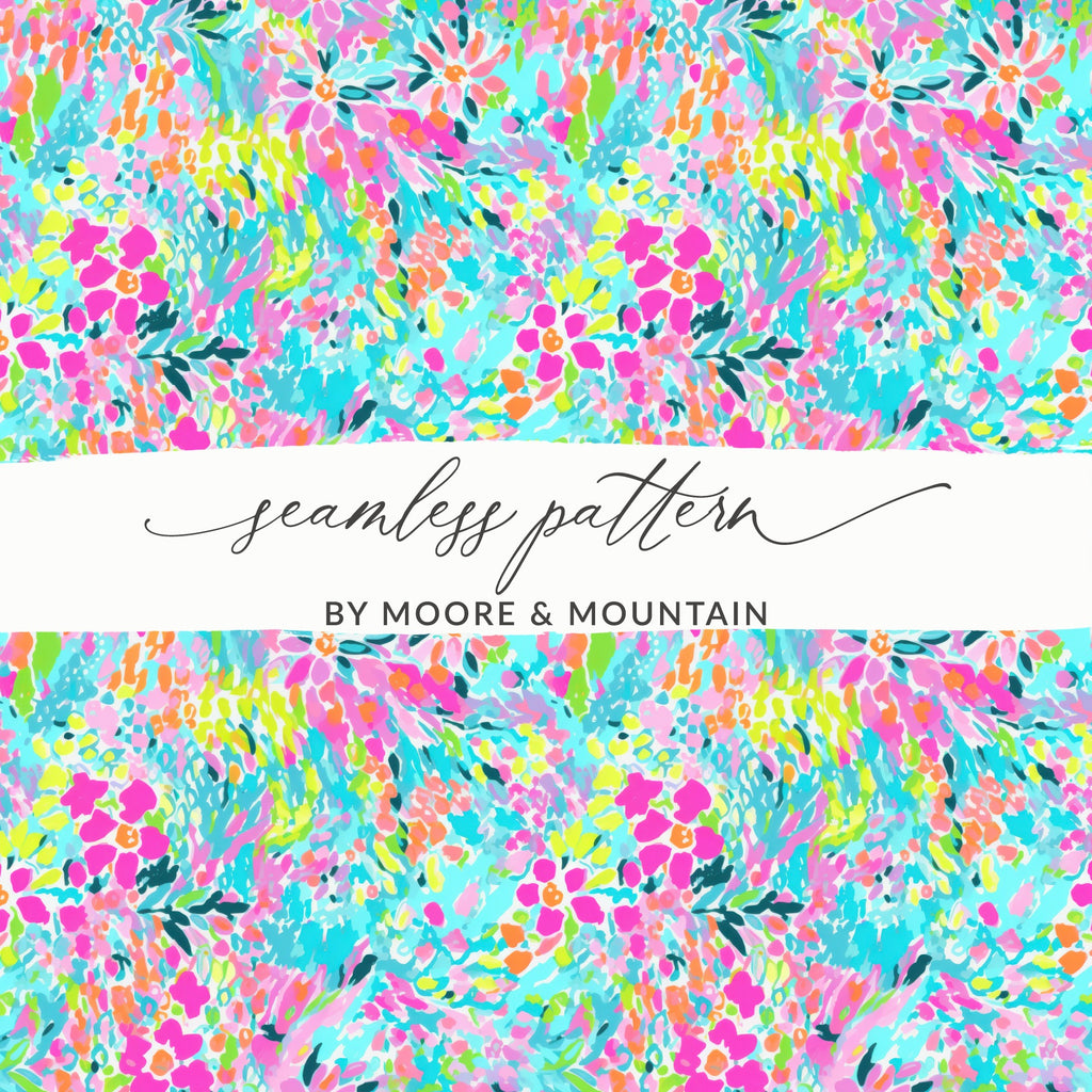 Seamless floral pattern in bright pink, blue, and yellow by Moore & Mountain.