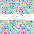 Seamless floral pattern in bright pink, blue, and yellow by Moore & Mountain.
