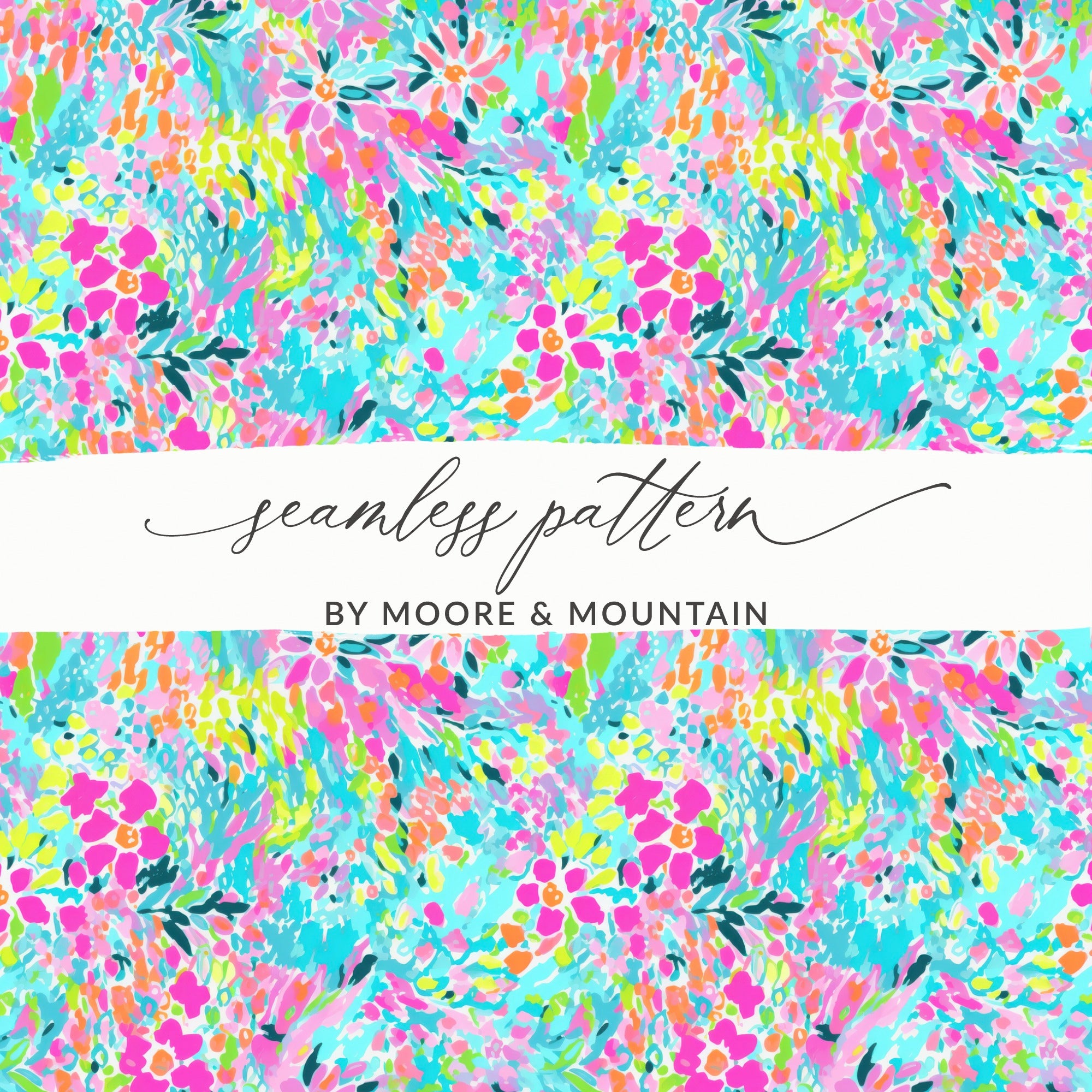 Seamless floral pattern in bright pink, blue, and yellow by Moore & Mountain.