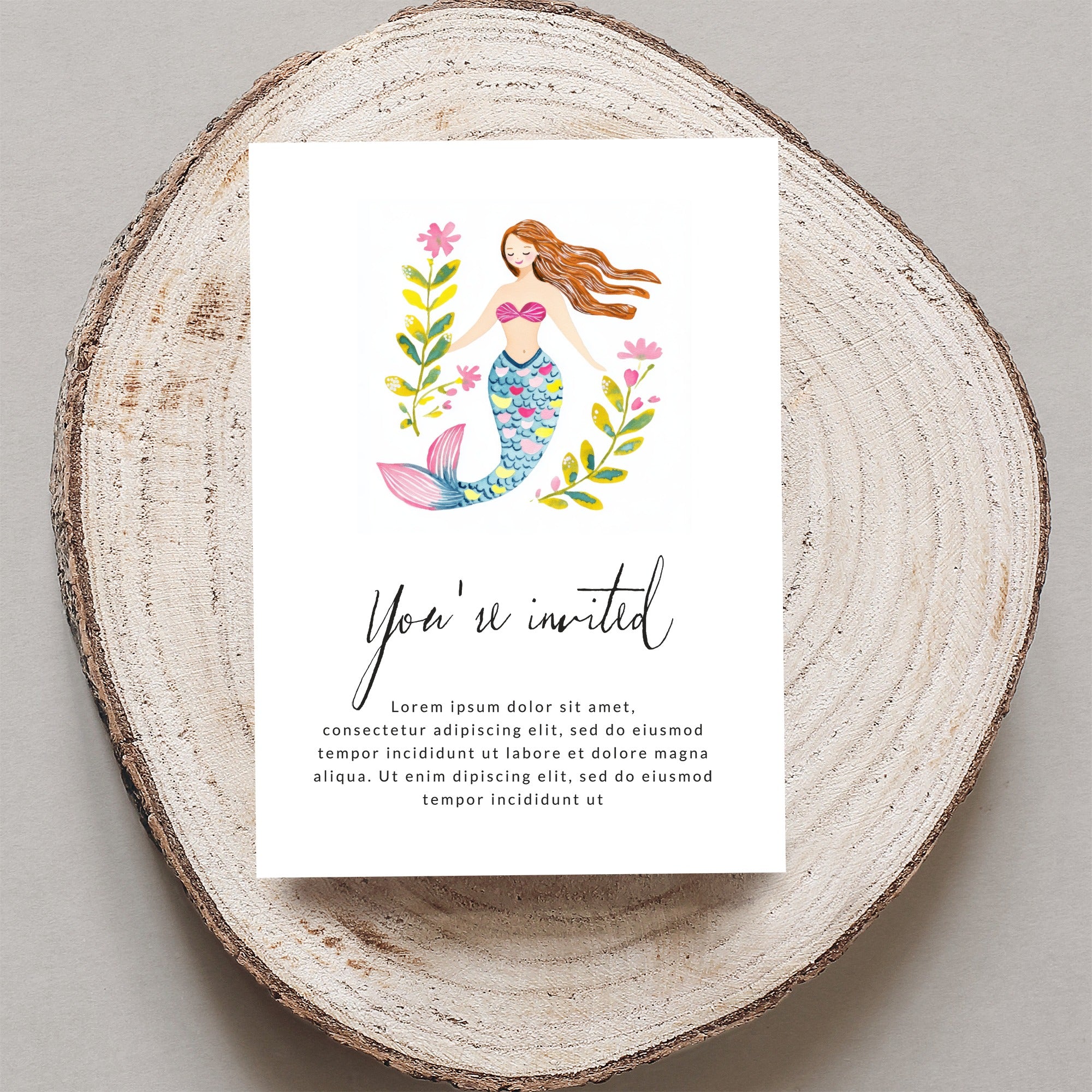Invitation with a mermaid illustration and placeholder text.