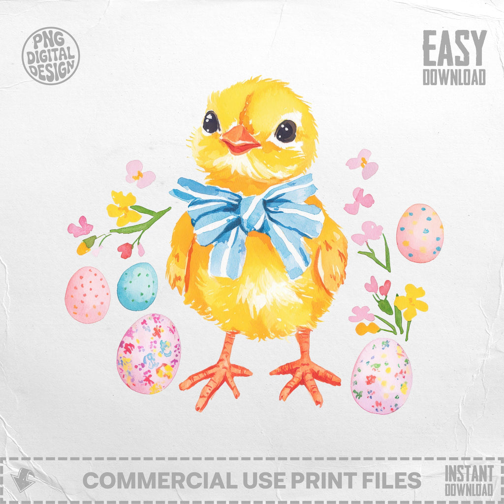 Yellow chick with a blue bow, surrounded by decorated Easter eggs and flowers.