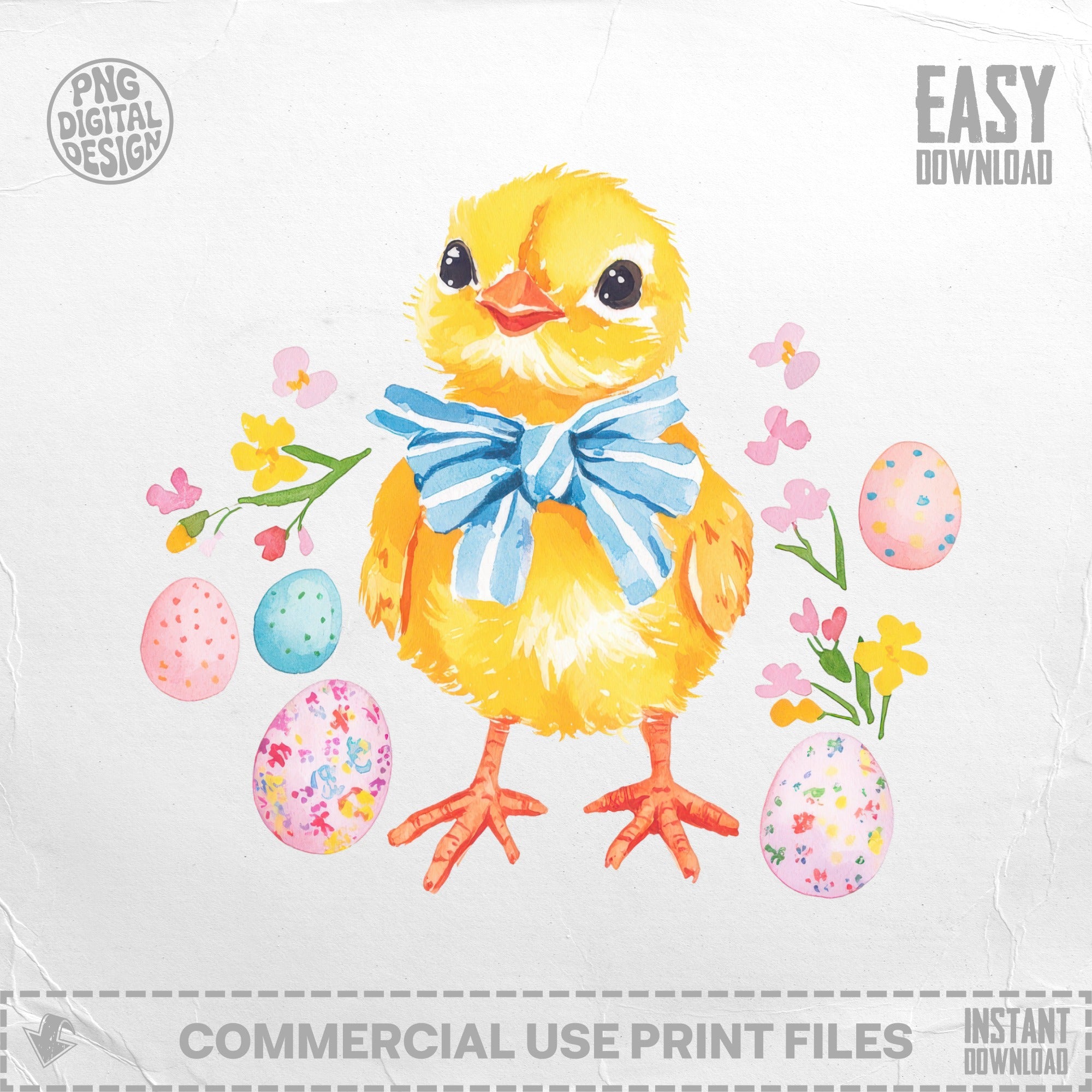 Yellow chick with a blue bow, surrounded by decorated Easter eggs and flowers.