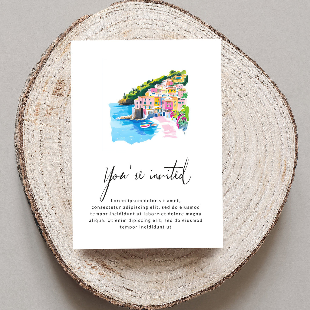 Invitation card with colorful seaside village illustration and "You're invited" text.
