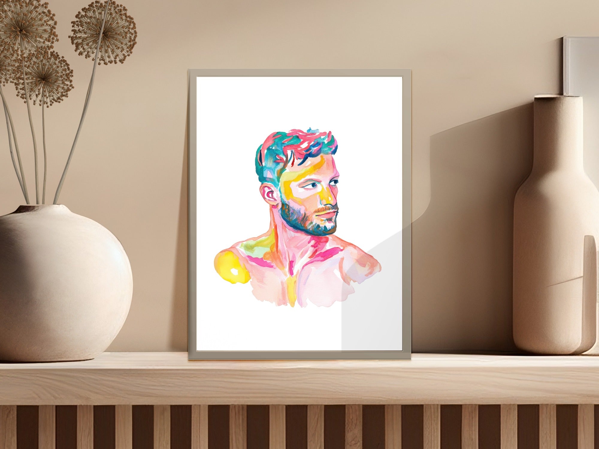 Watercolor portrait of a man with colorful abstract accents.