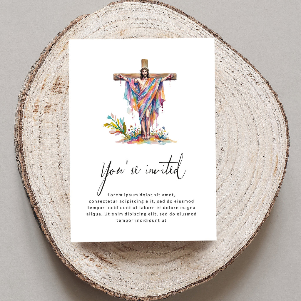 Invitation with watercolor depiction of Jesus on the cross and floral accents.
