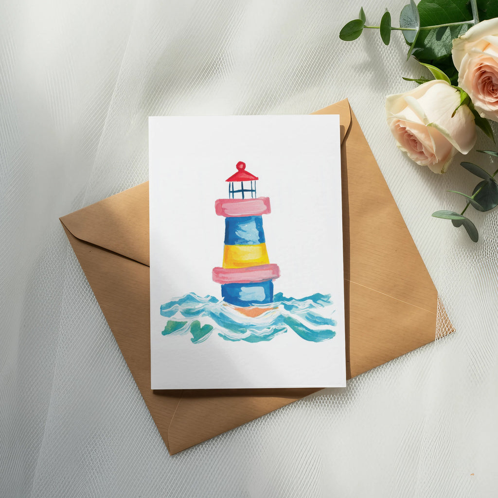 Watercolor illustration of a lighthouse on waves, placed on a kraft paper envelope.