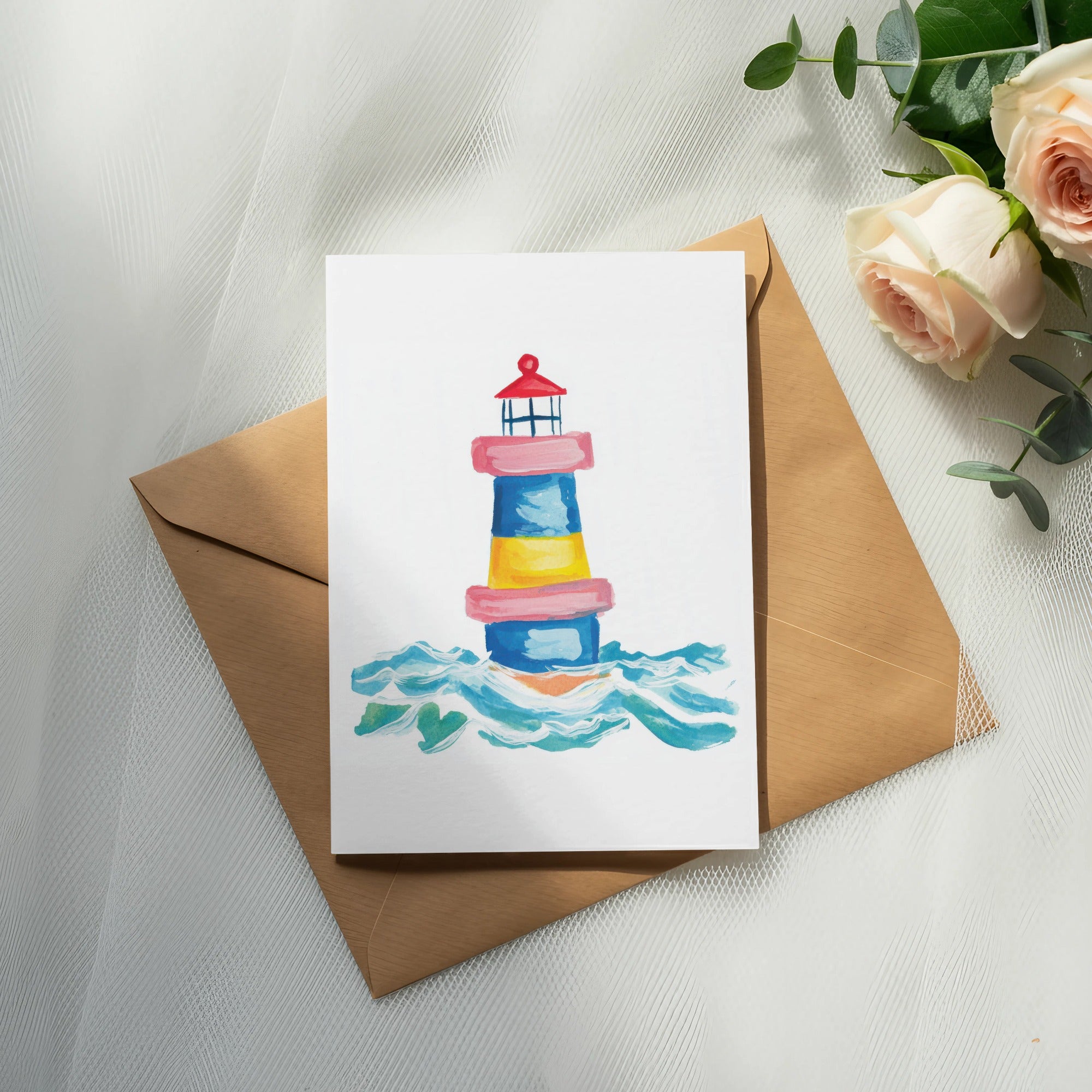 Watercolor illustration of a lighthouse on waves, placed on a kraft paper envelope.