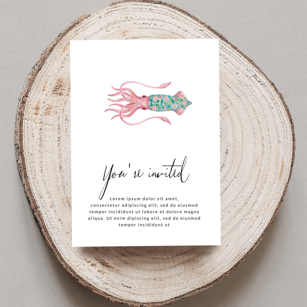 Invitation with squid illustration and placeholder text.