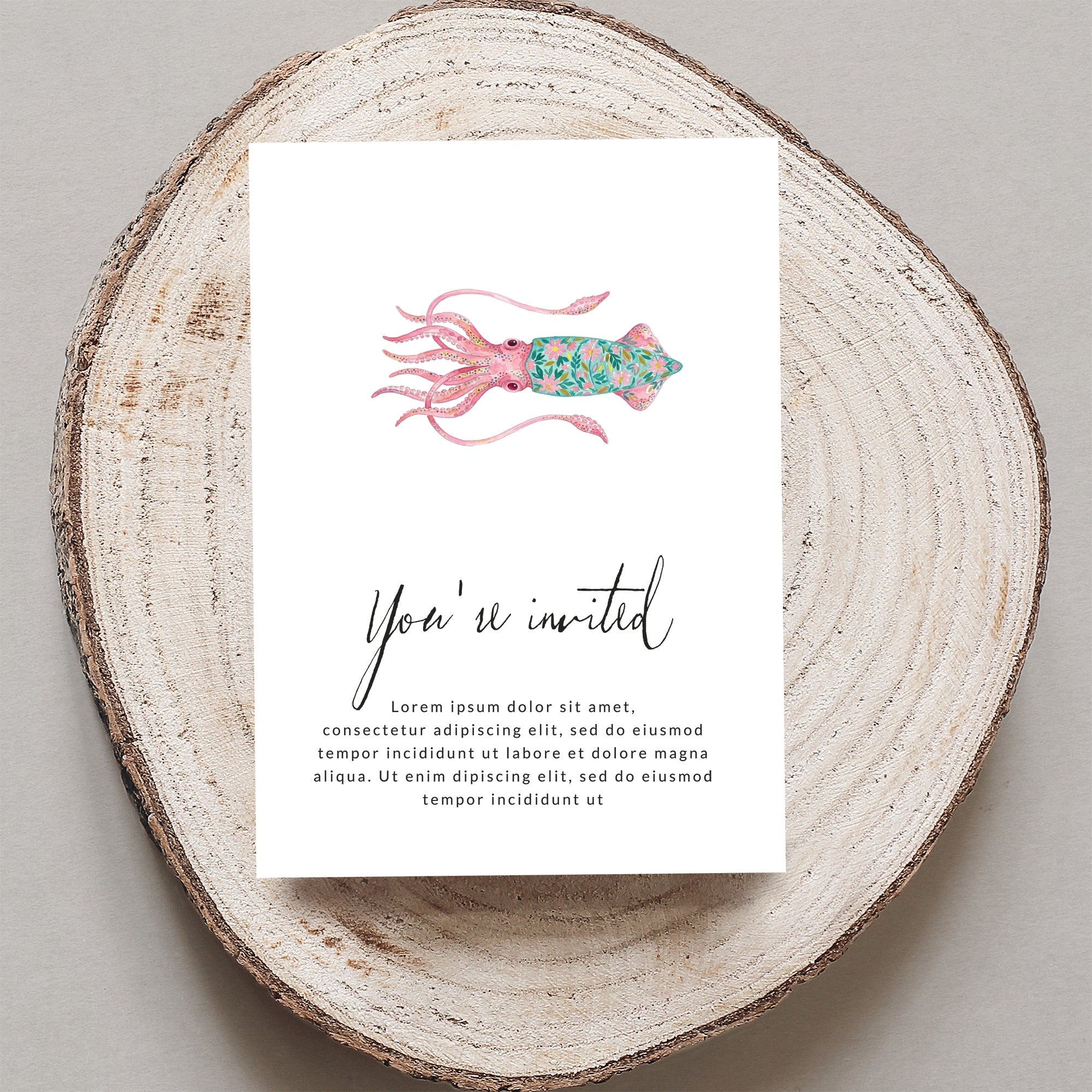 Invitation with squid illustration and placeholder text.