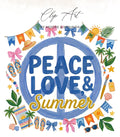 Peace Love Summer text with summer graphics and a peace sign.