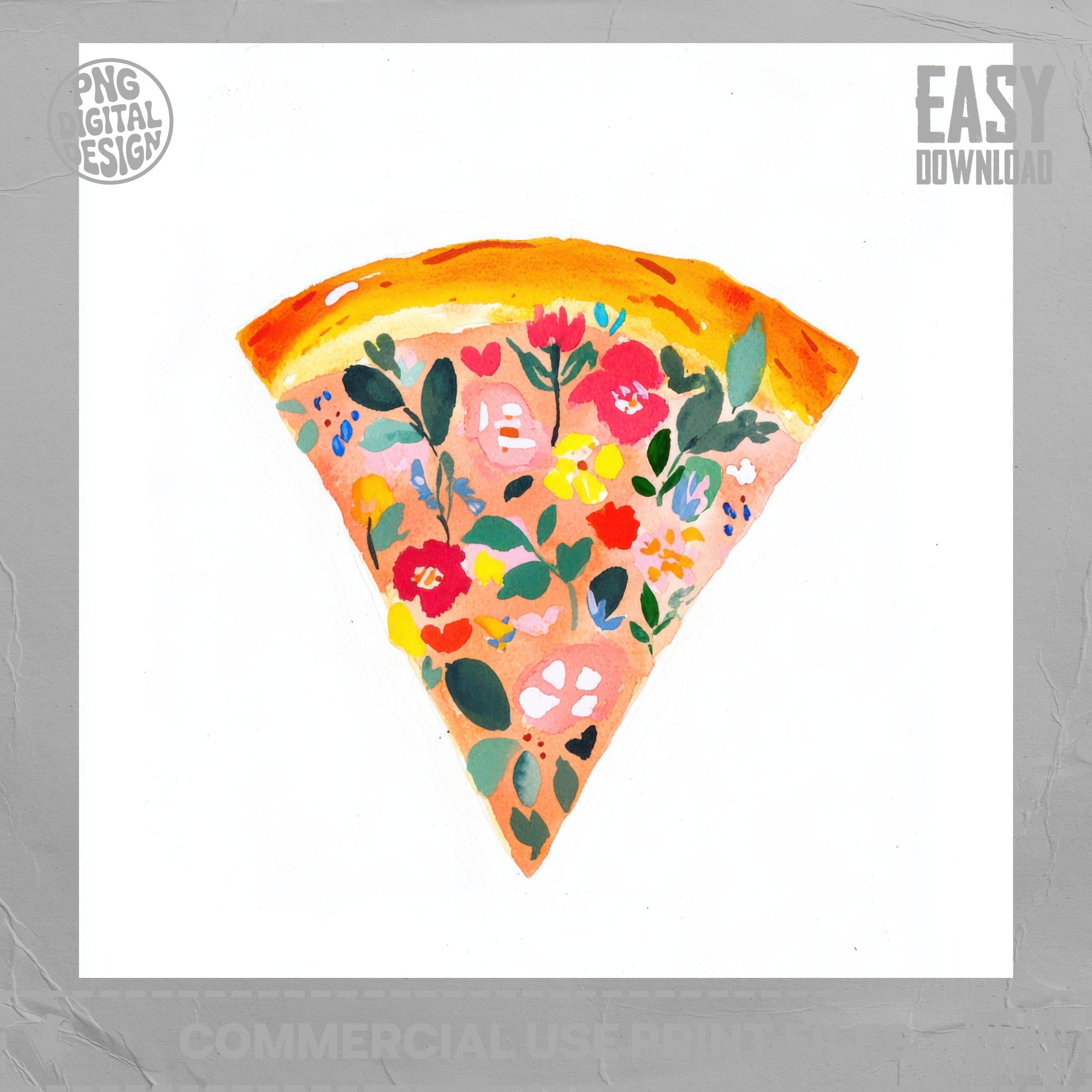 Watercolor slice of pizza with floral pattern and "Easy Download" text.