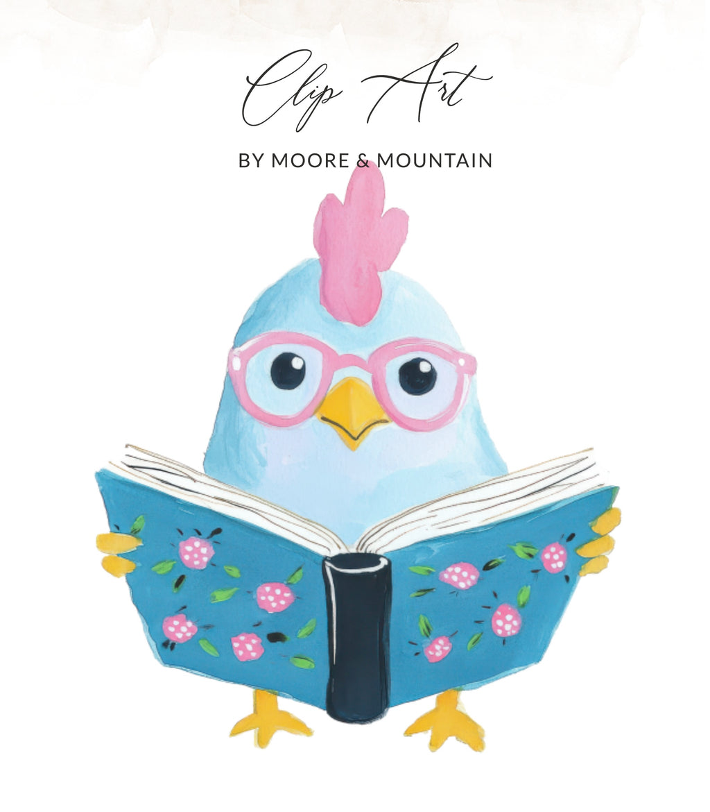 Blue chicken wearing glasses reads a book with pink flowers.