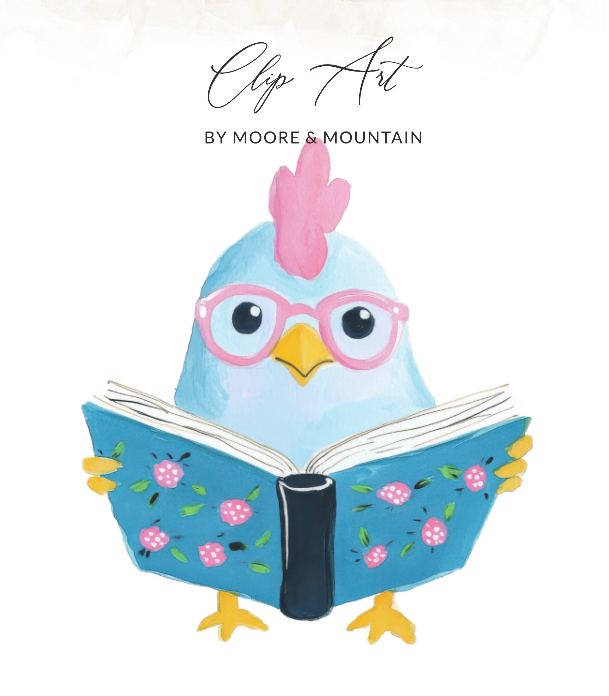 Blue chicken wearing glasses reads a book with pink flowers.