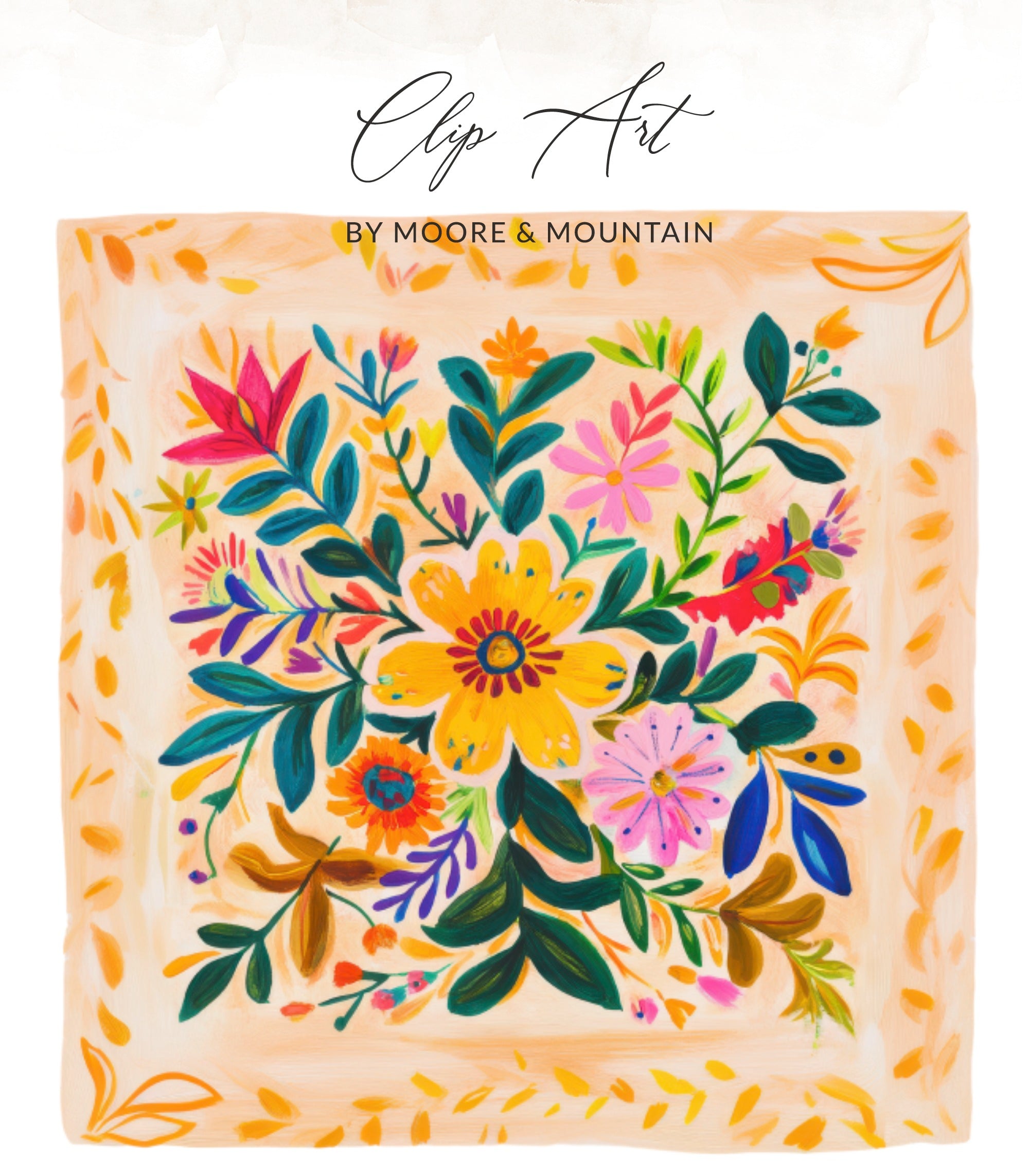 Colorful floral painting with "Clip Art" and "By Moore & Mountain" text.