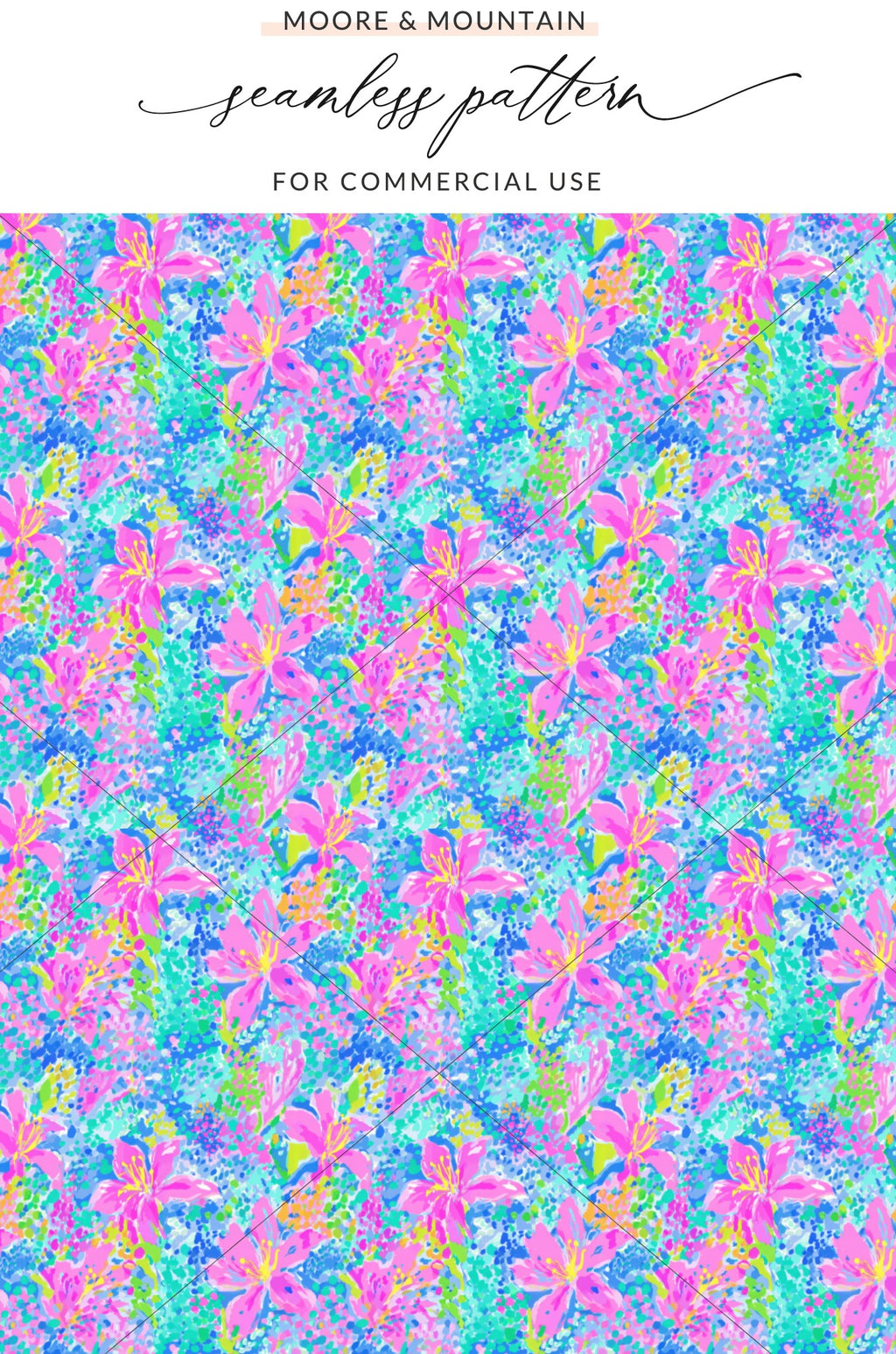 Pink lily floral pattern on a colorful, textured background.