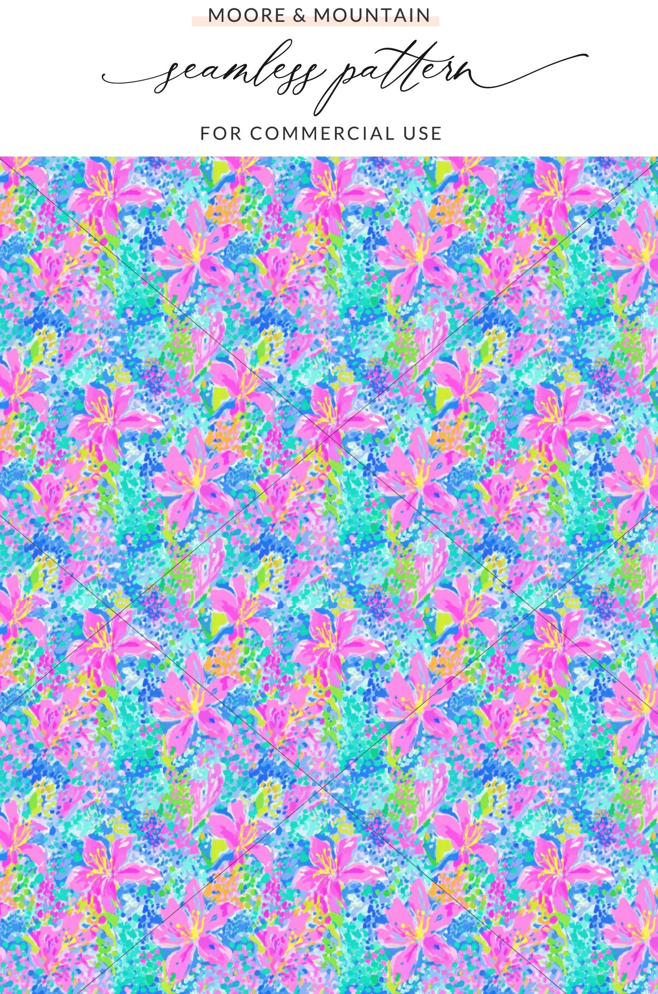 Pink lily floral pattern on a colorful, textured background.