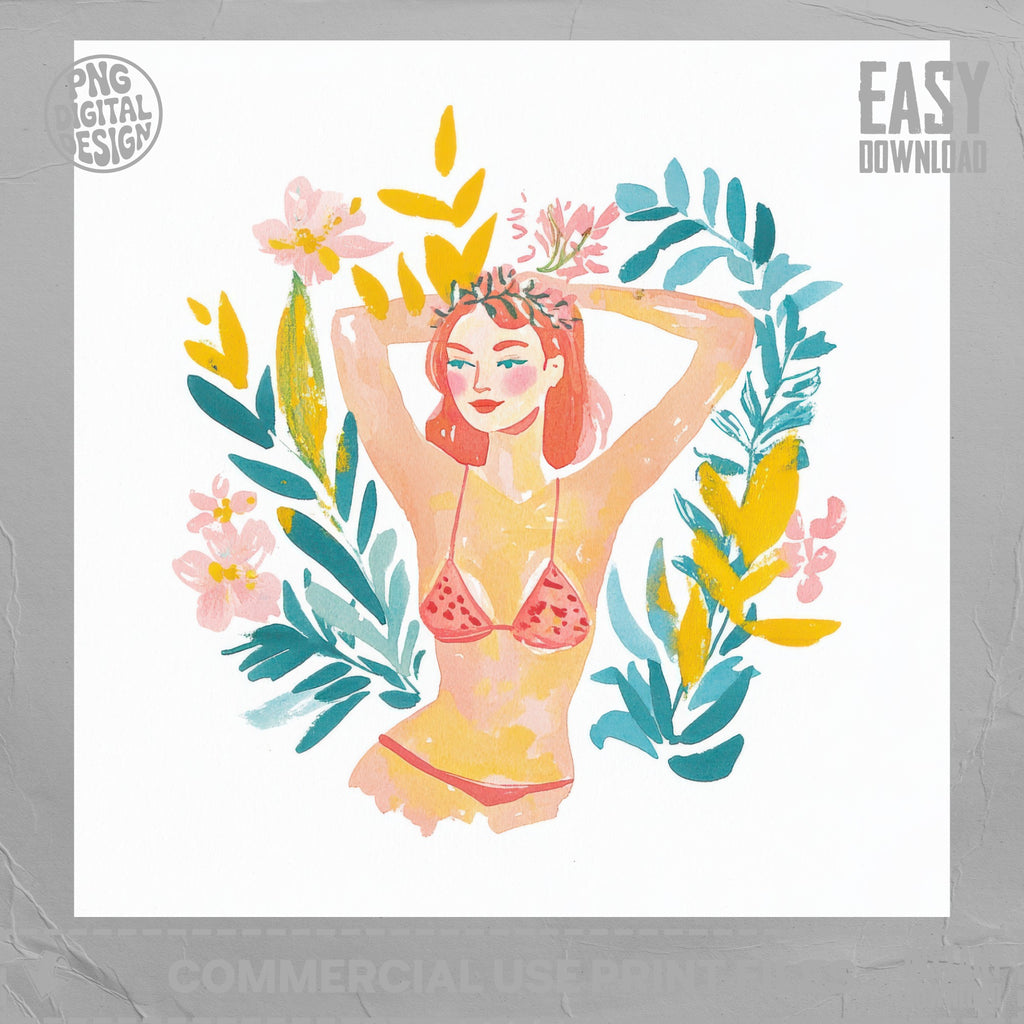 Woman in pink bikini surrounded by colorful foliage.