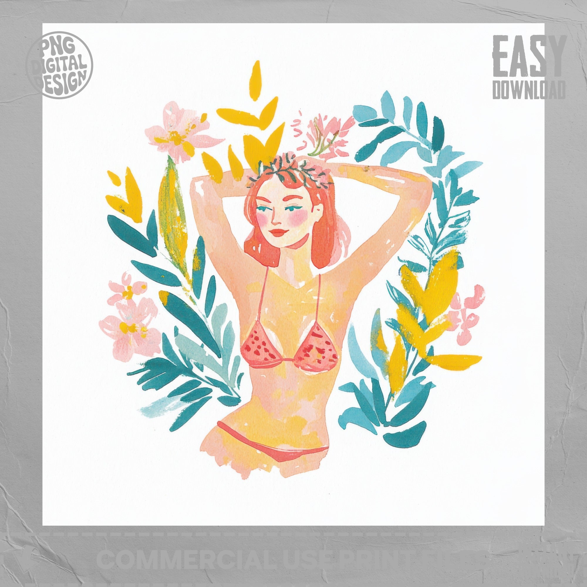 Woman in pink bikini surrounded by colorful foliage.