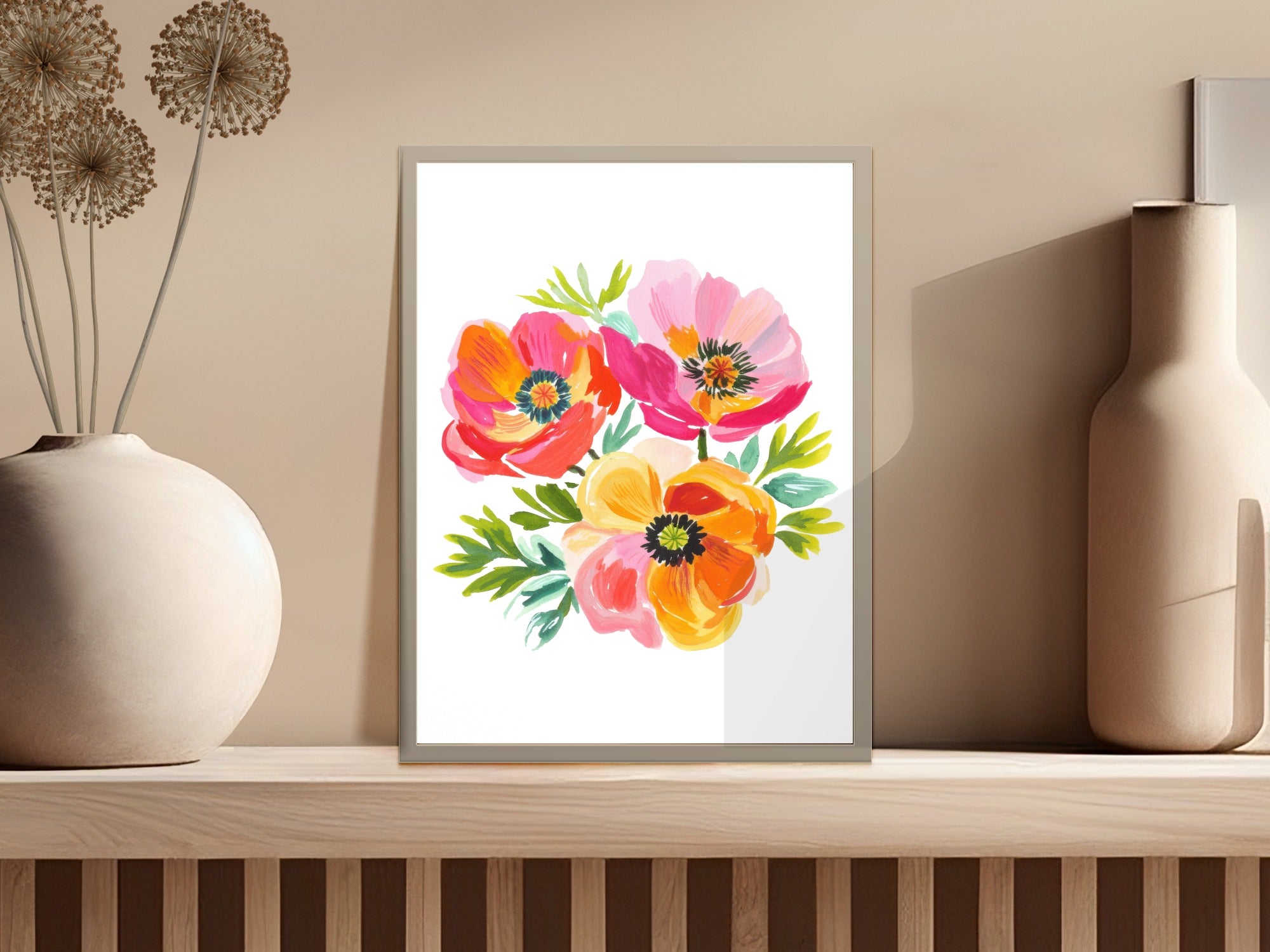Watercolor floral arrangement with red, pink, and orange poppies.