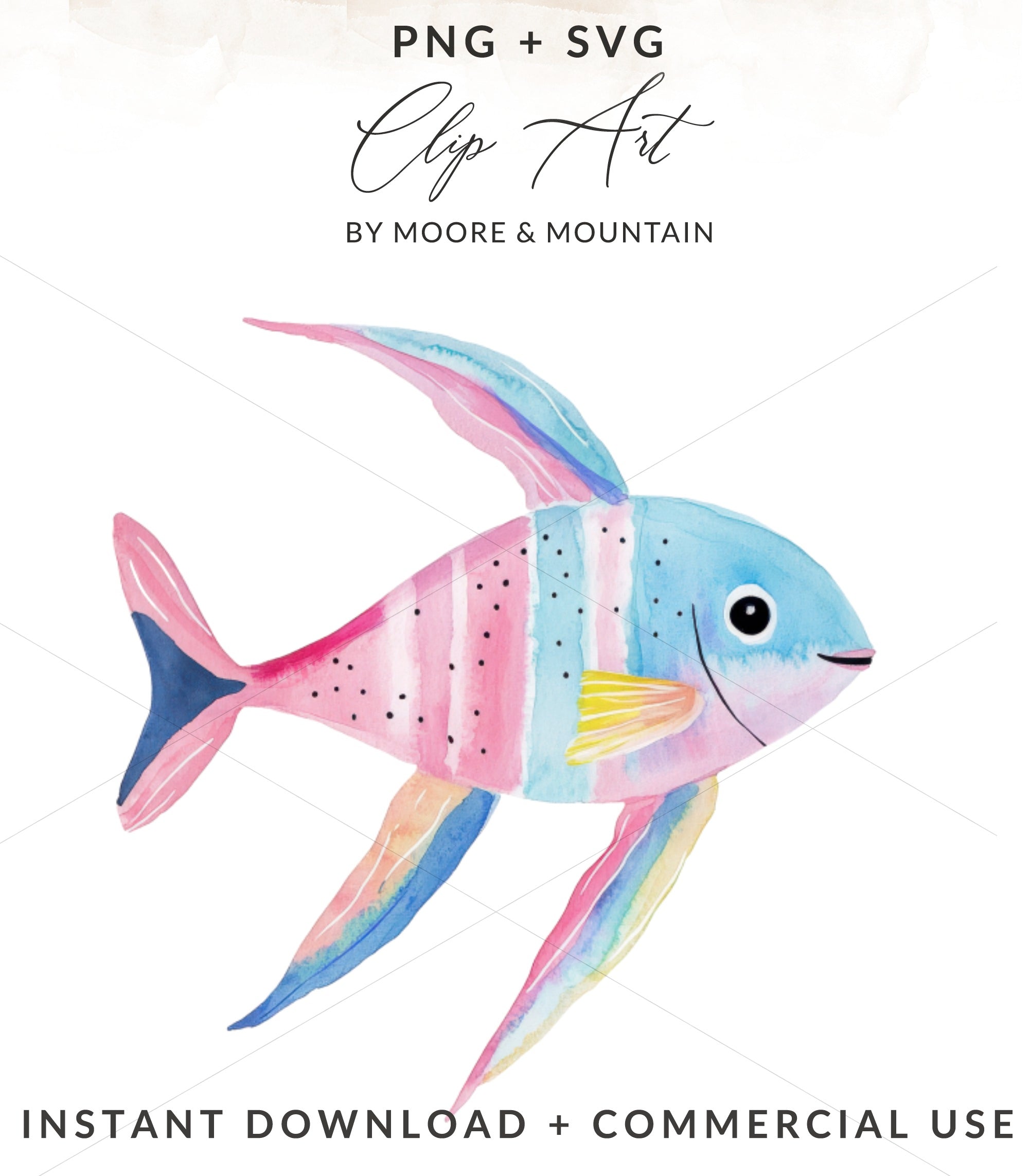 Watercolor rainbow fish illustration with "Clip Art" and "Instant Download" text.