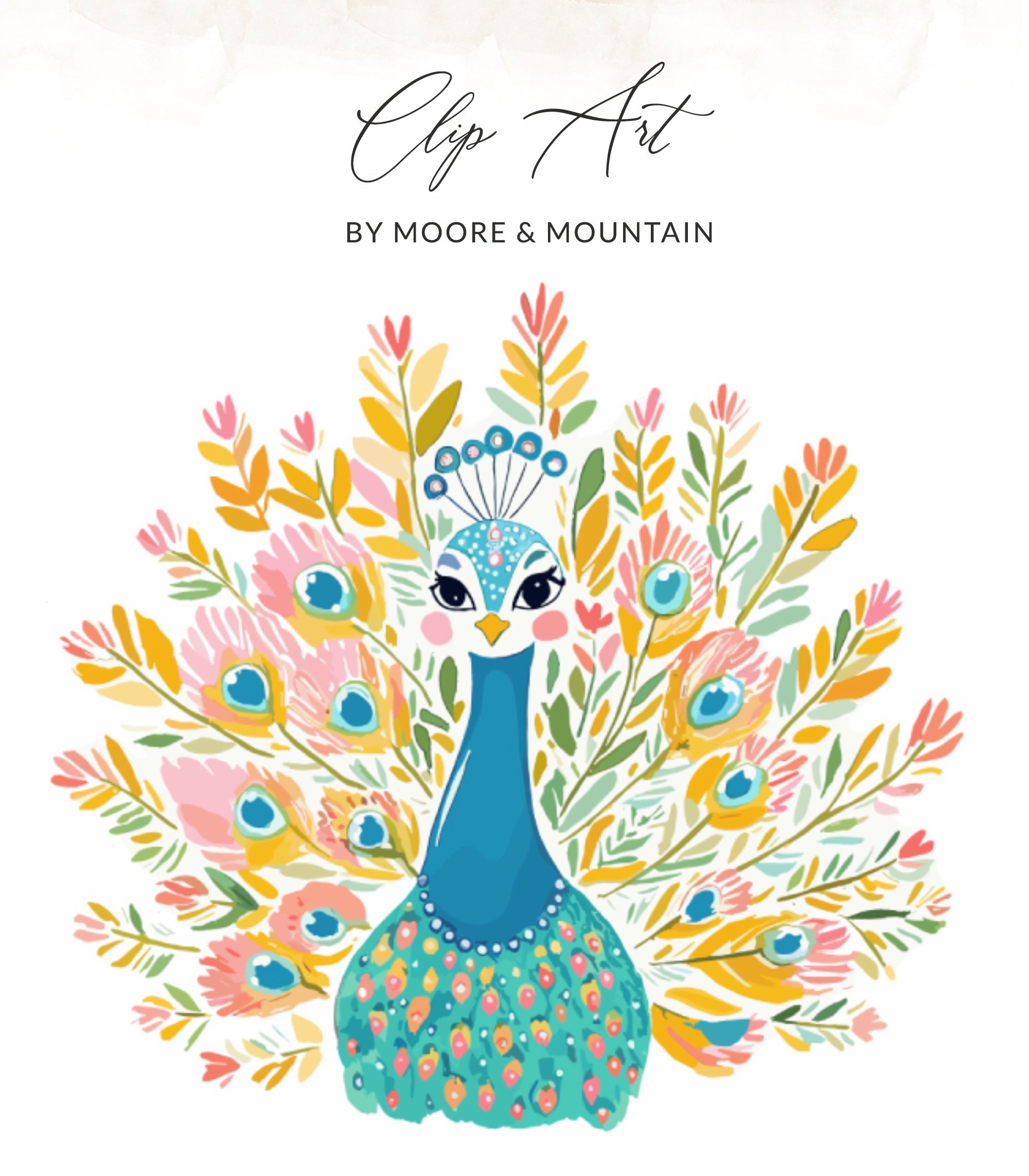 Stylized peacock clip art with colorful tail feathers and "Clip Art by Moore & Mountain" text.