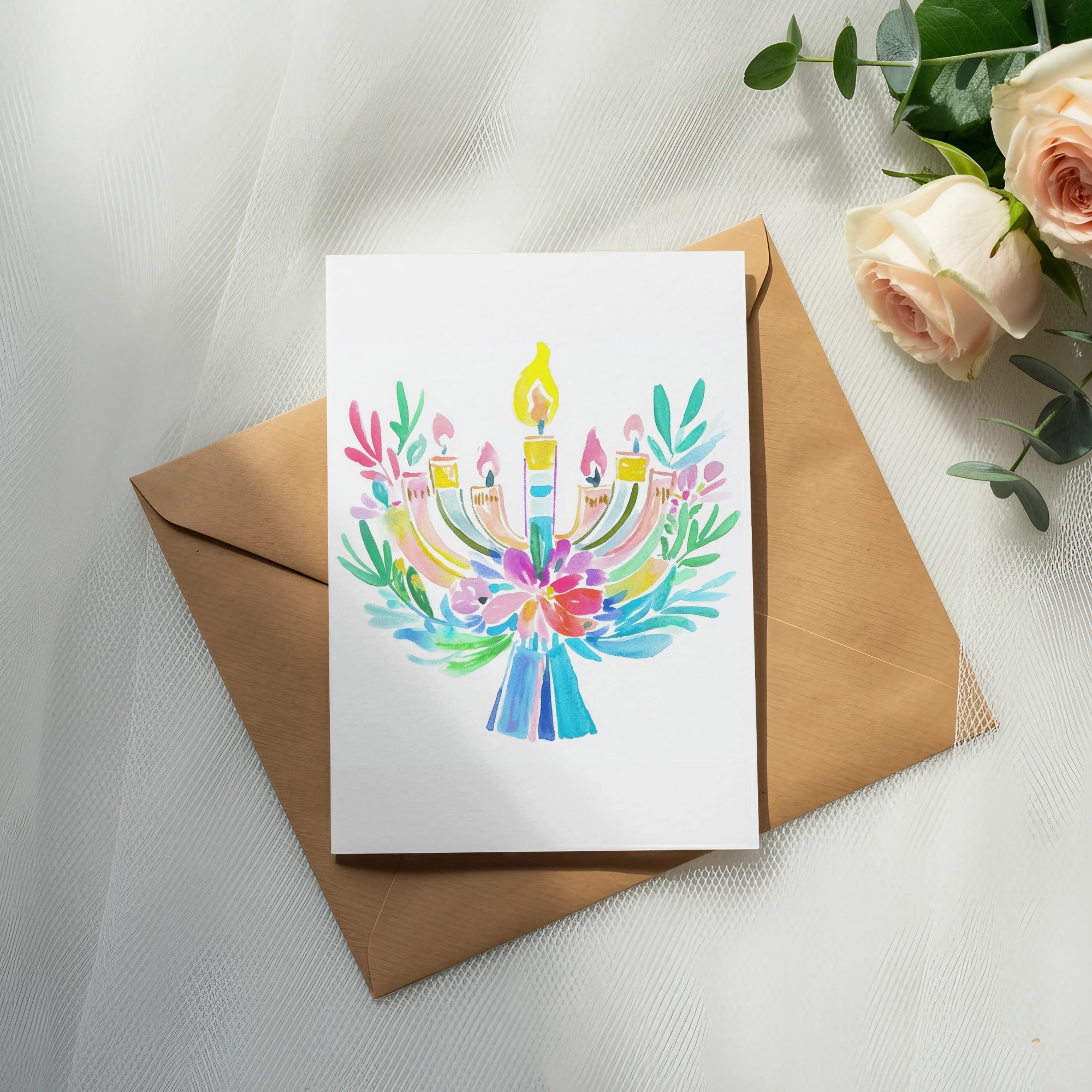 Watercolor Hanukkah menorah with floral accents on a card atop a kraft envelope.