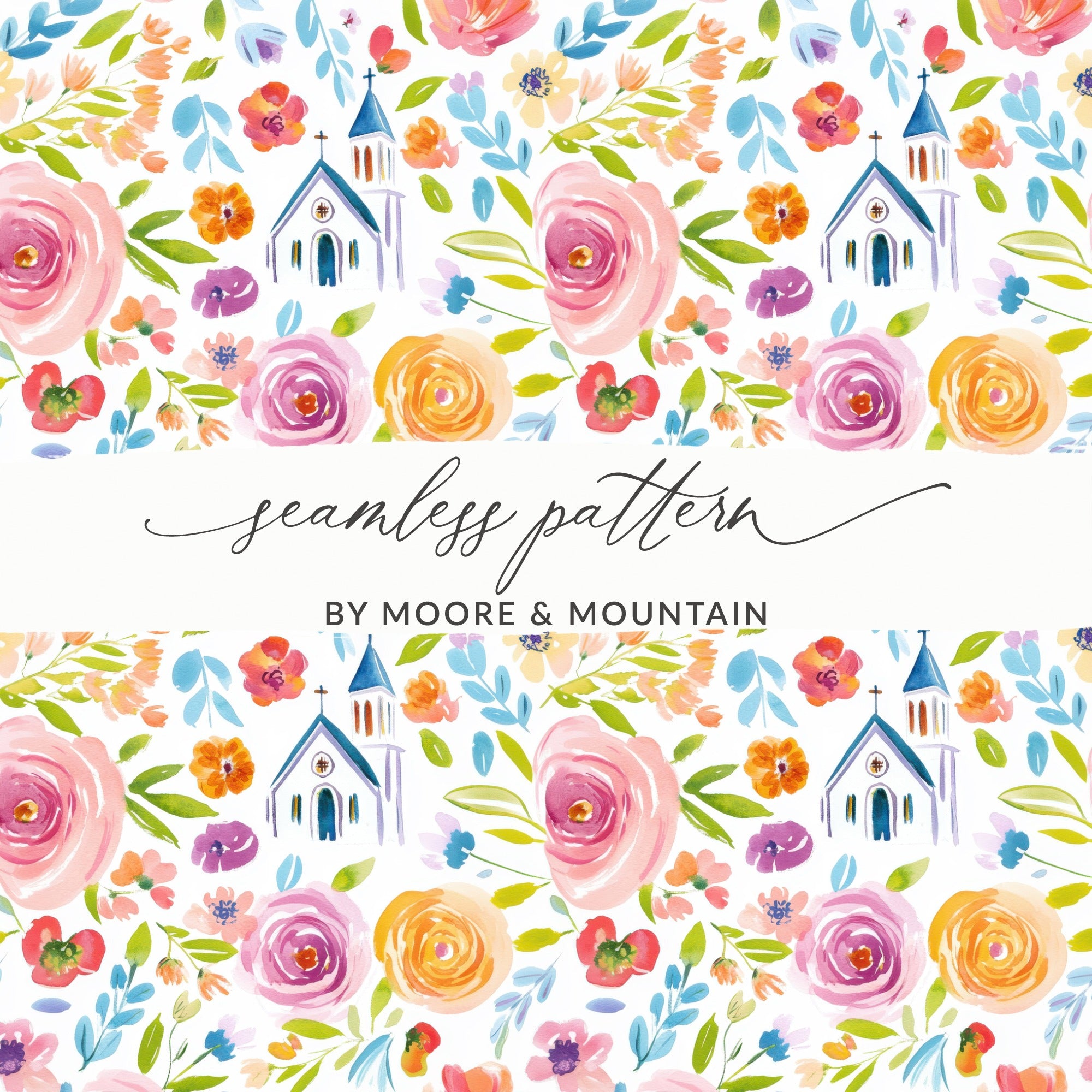 Colorful Floral and Church Seamless Pattern Product