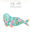 Walrus illustration with floral pattern on white background.