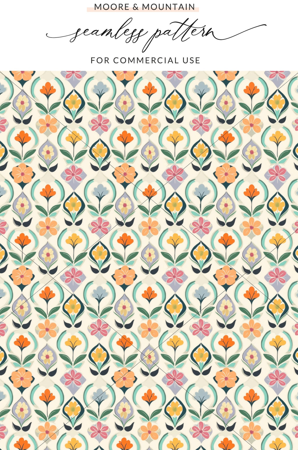 Seamless floral pattern with colorful diamond-shaped motifs on cream background.