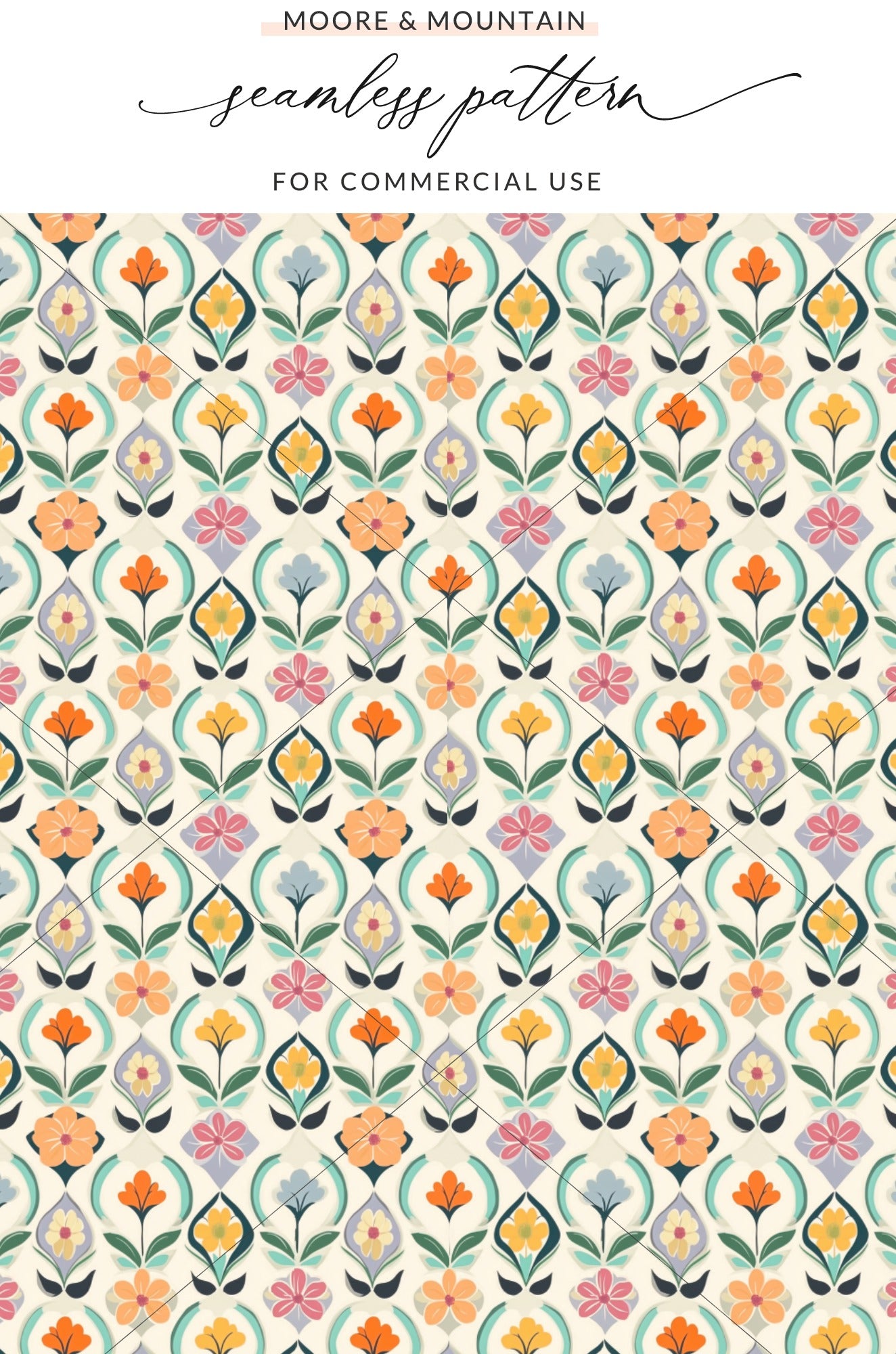Seamless floral pattern with colorful diamond-shaped motifs on cream background.