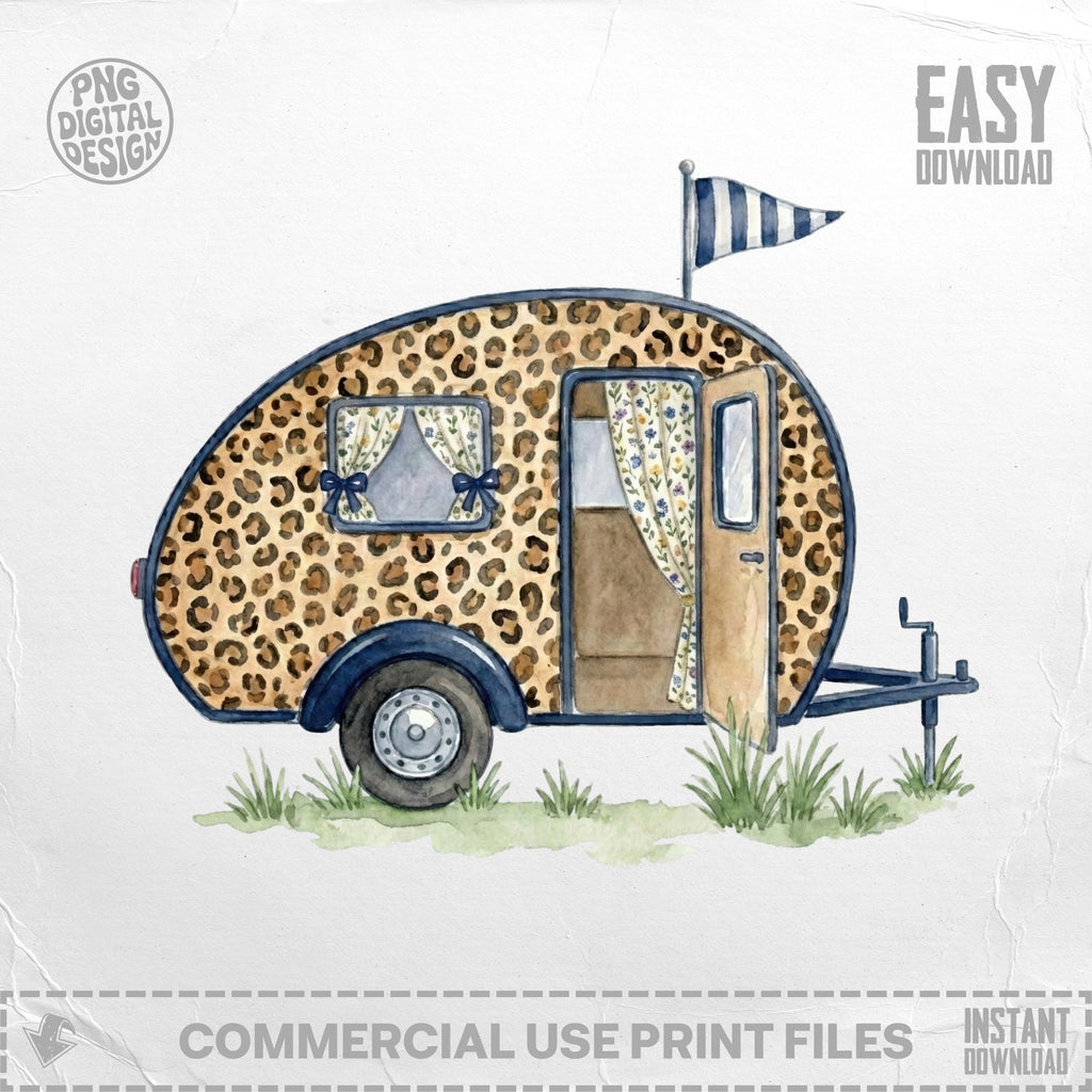 Watercolor illustration of a leopard print teardrop trailer with striped flag.
