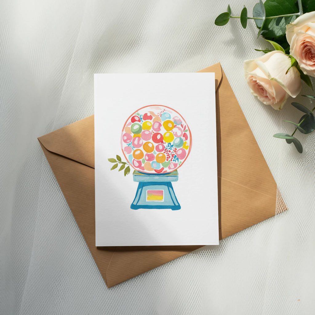 Watercolor illustration of a gumball machine on a brown envelope.