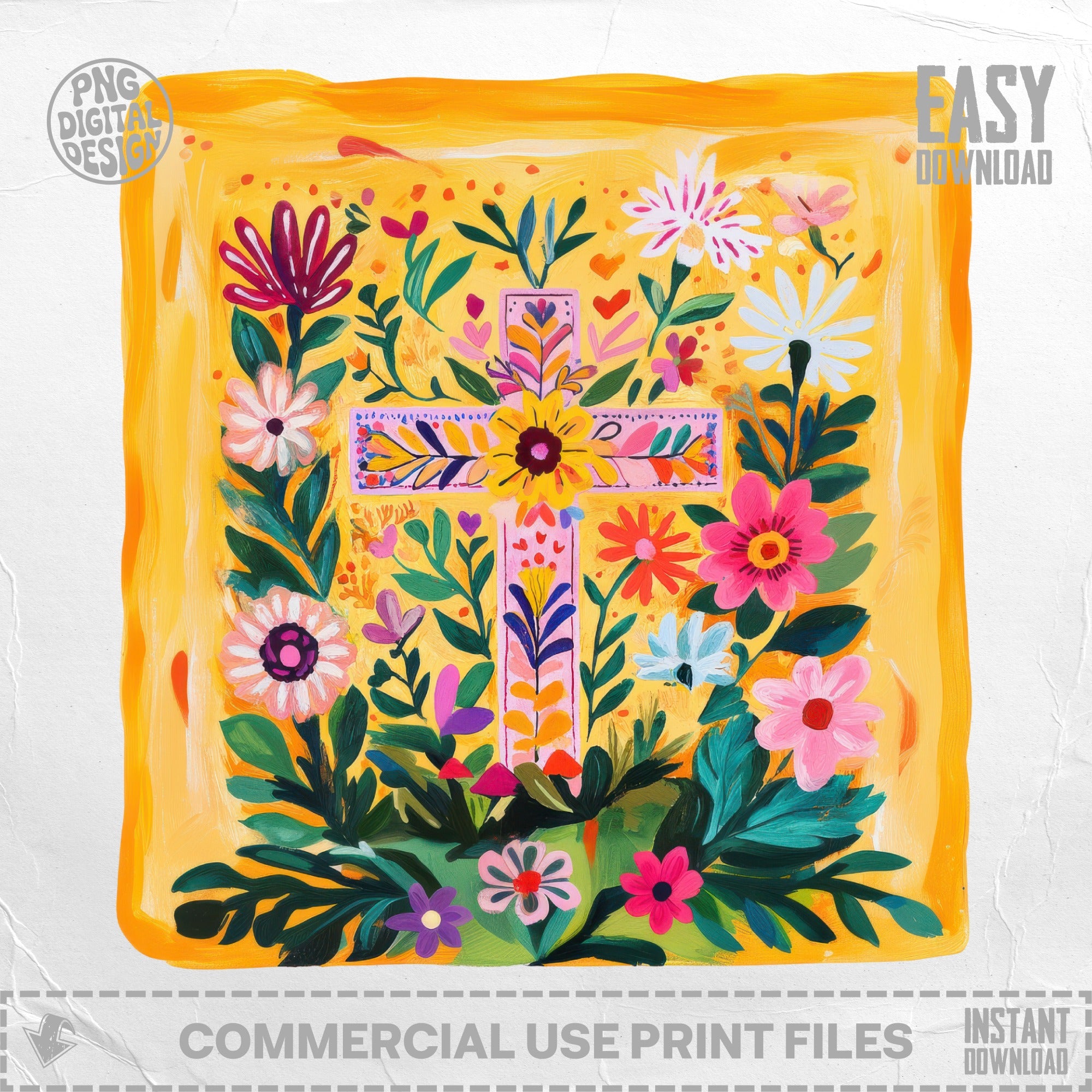 Colorful folk art cross with flowers and text "EASY DOWNLOAD".