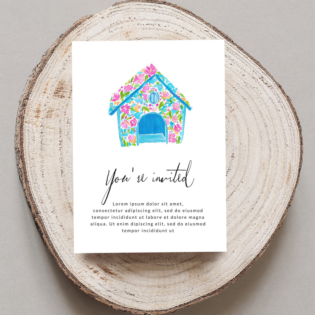 Invitation with floral dog house illustration and "You're invited" text.