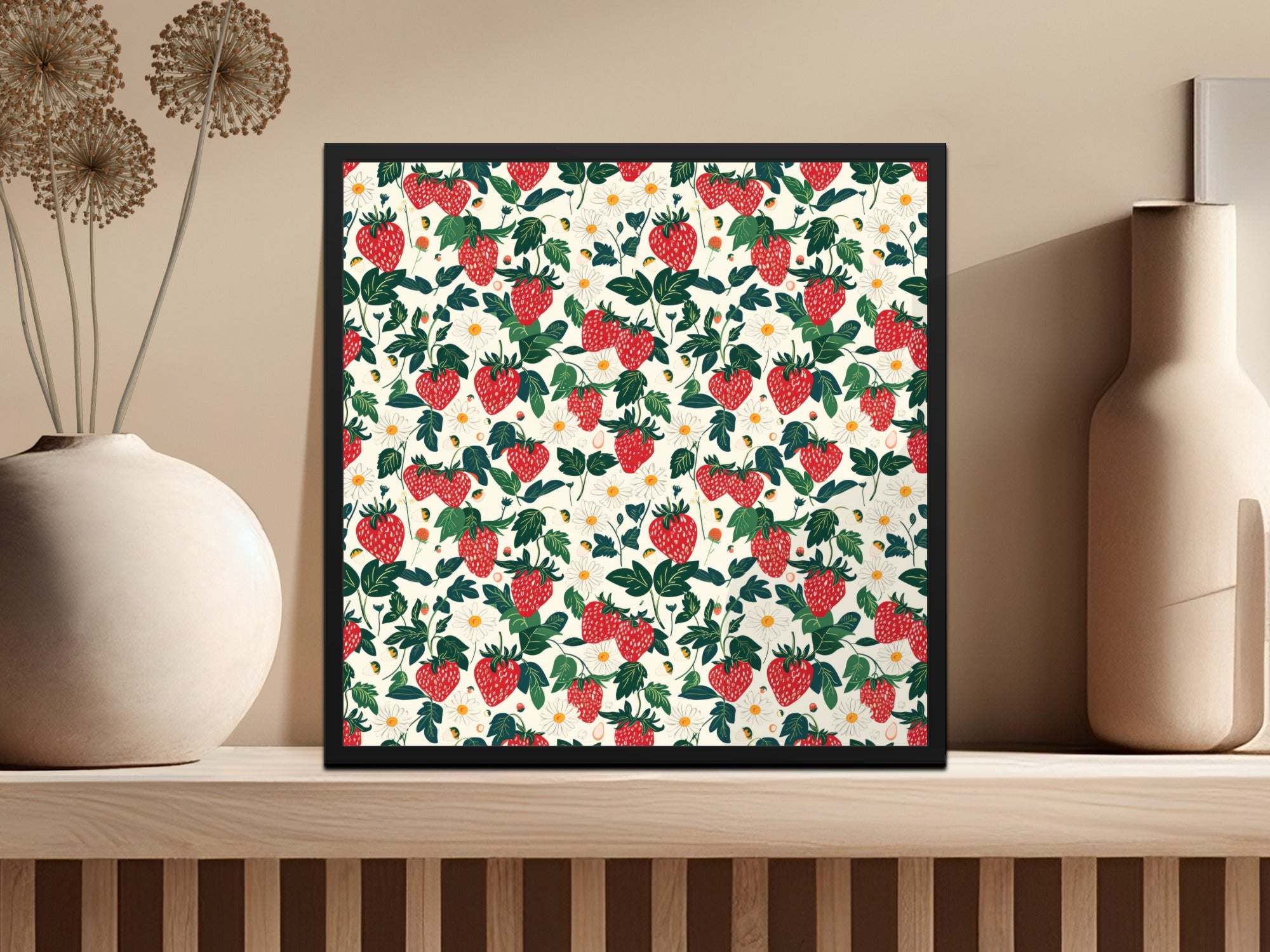 Vibrant Strawberry and Floral Pattern Art Print