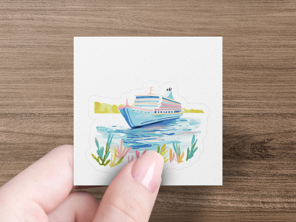 Cruise ship on water with floral accents.