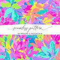 Seamless pattern of bright, abstract floral brush strokes in pink, blue, and yellow.