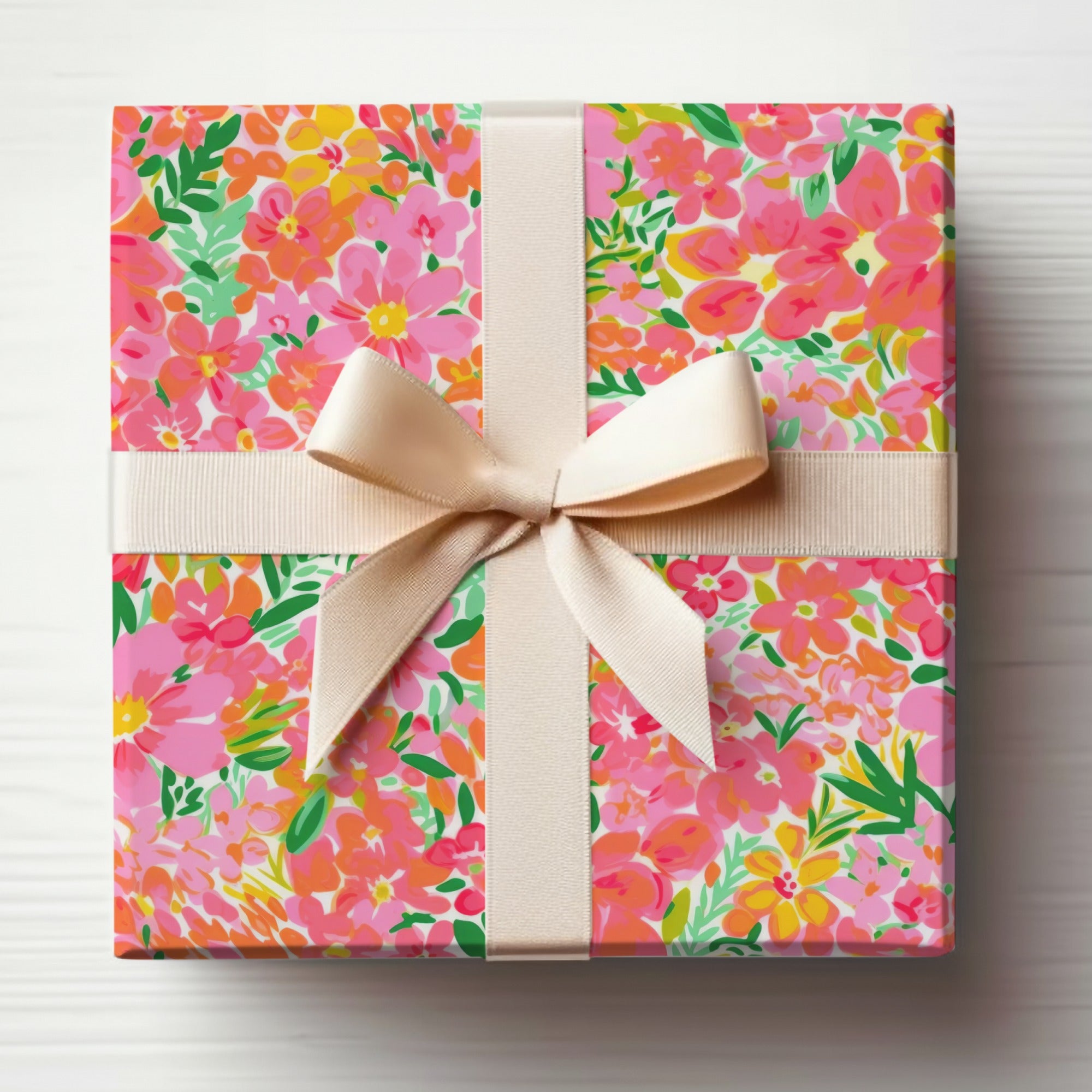 Bright Floral Gift Wrap Design with Cream Ribbon Bow