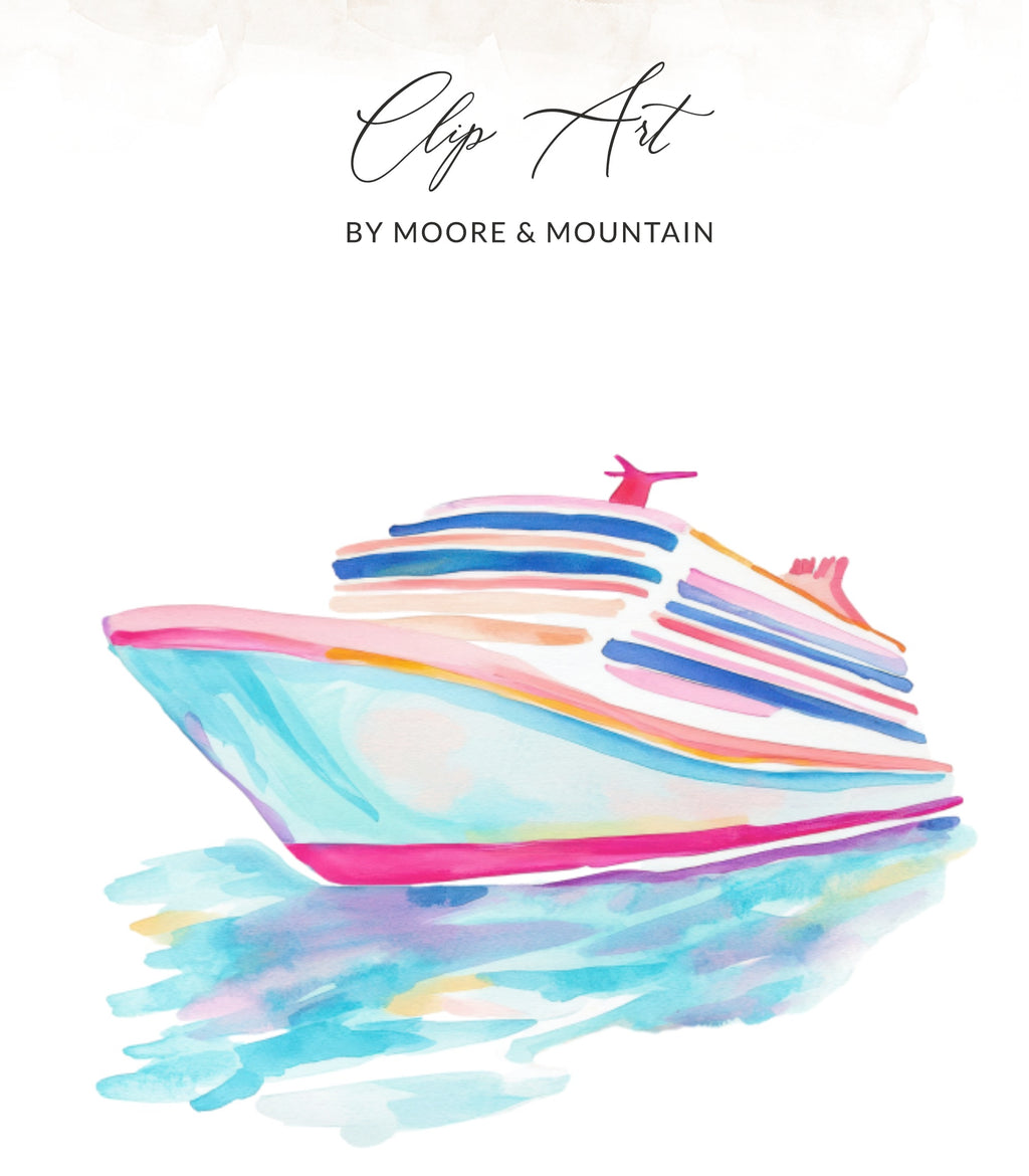 Watercolor illustration of a cruise ship on colorful water.