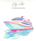 Watercolor illustration of a cruise ship on colorful water.
