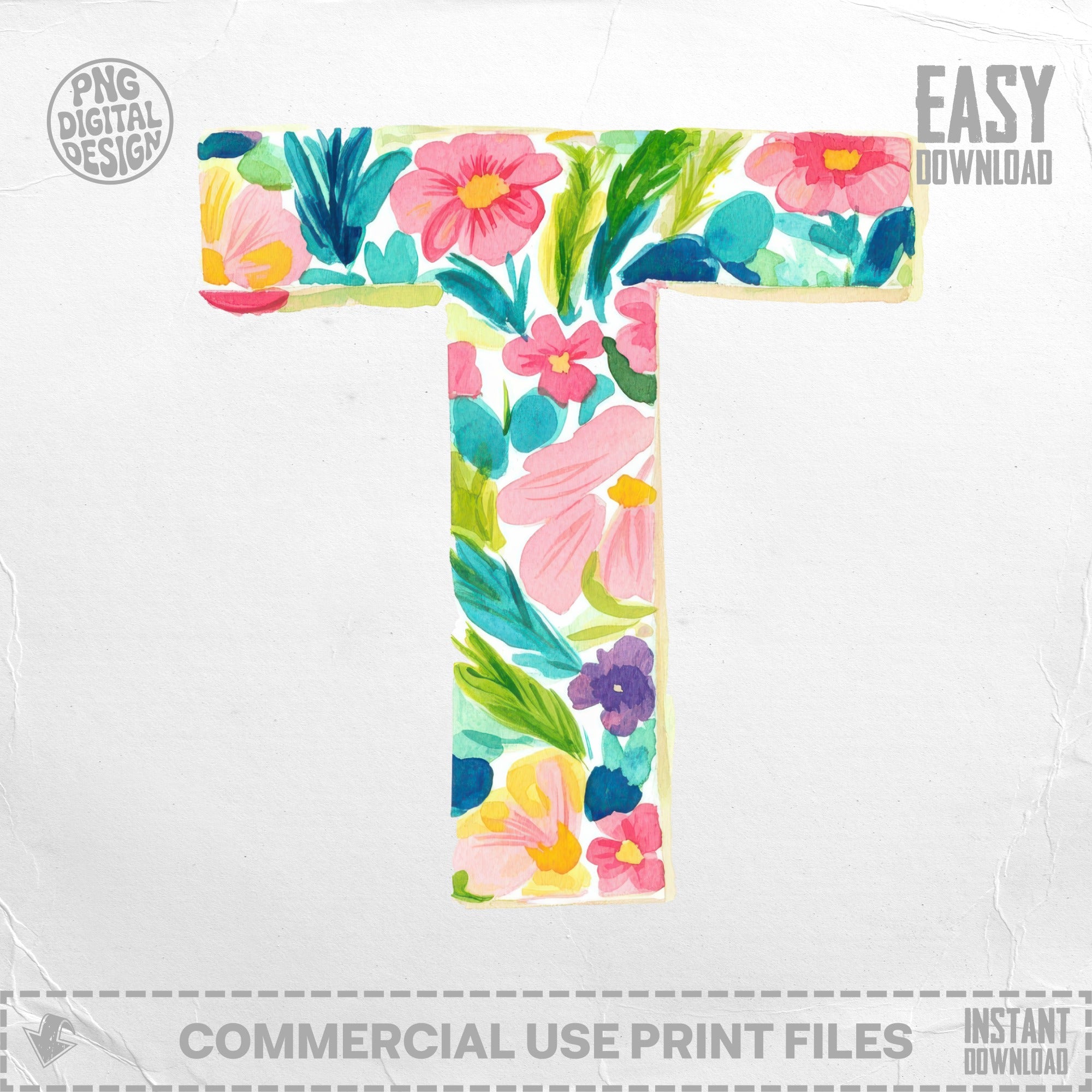 Floral letter T with watercolor flowers and leaves, PNG digital design.