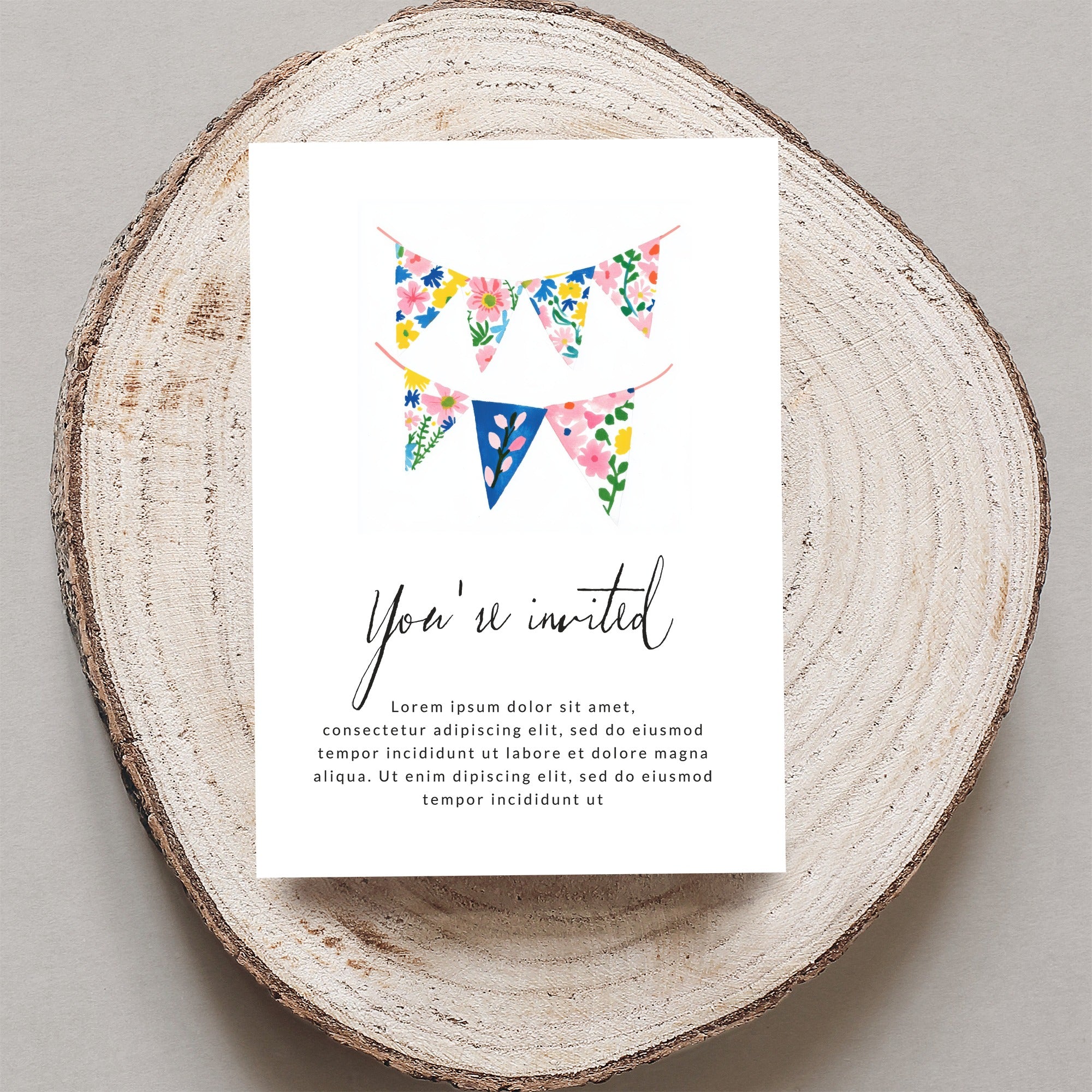"You're invited" text with colorful floral bunting and placeholder text.
