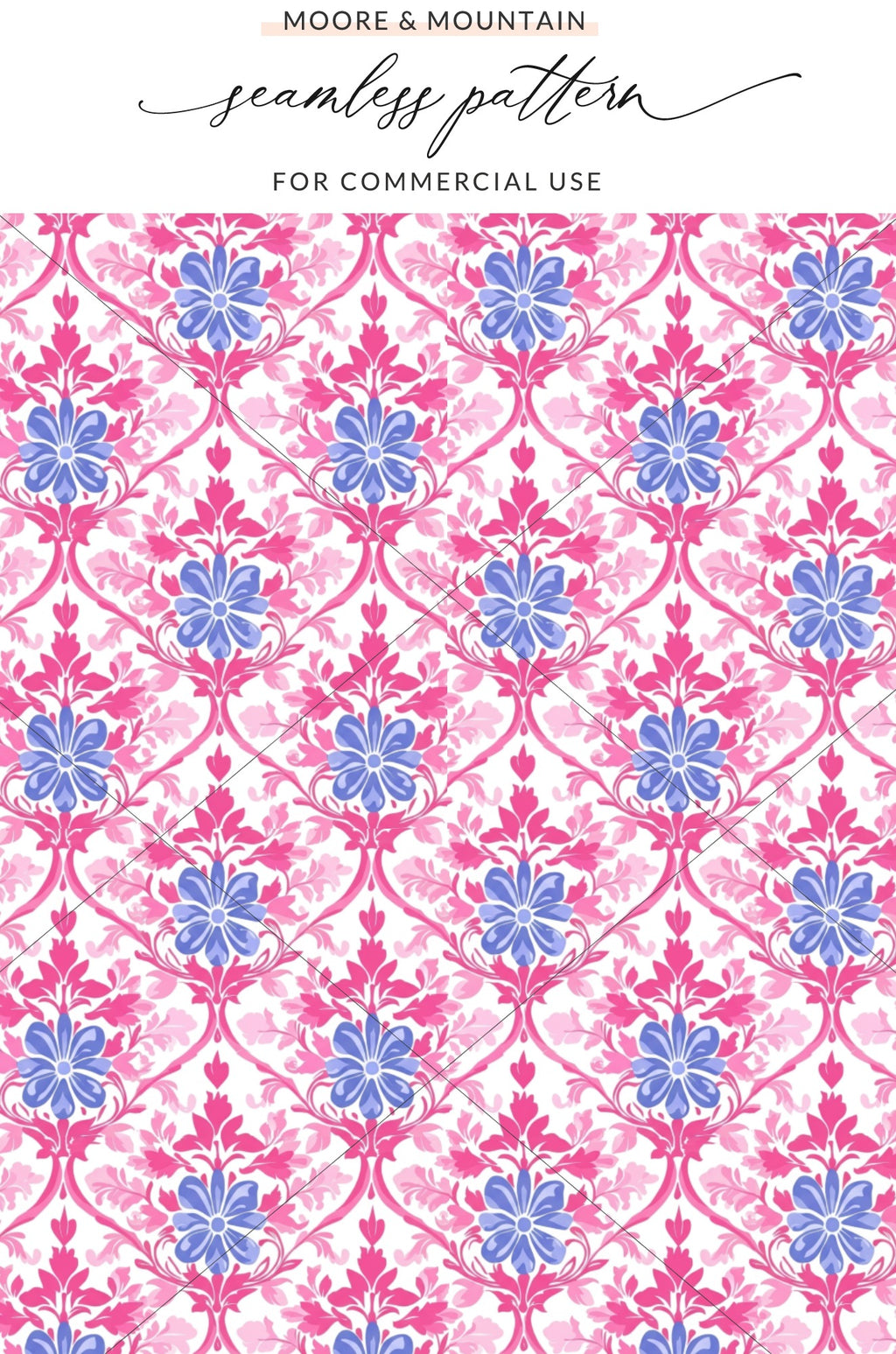 Pink and blue floral damask pattern with "Moore & Pattern" text.